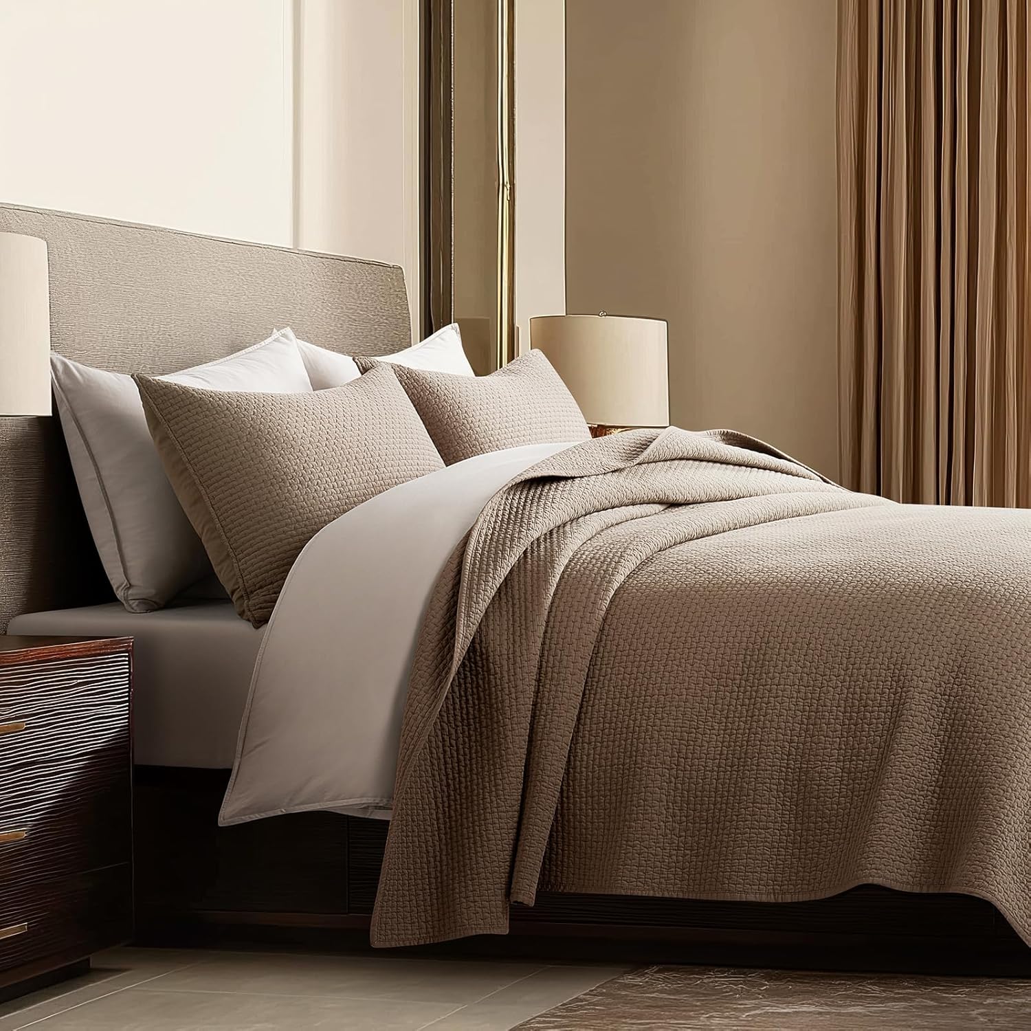 EVERGRACE Cotton Sateen Pick-Stitch Quilt Set Queen Size – 100% Cotton Lightweight Coverlet Bedding, Pre-Washed Oversized Bedspread, Breathable All-Season Quilt Set with 2 Shams, Stone Taupe | Pick-Stitch Design, Luxe Cotton Sateen, Double Sided, 100% Cotton, Oeko-Tex Certified, Lightweight