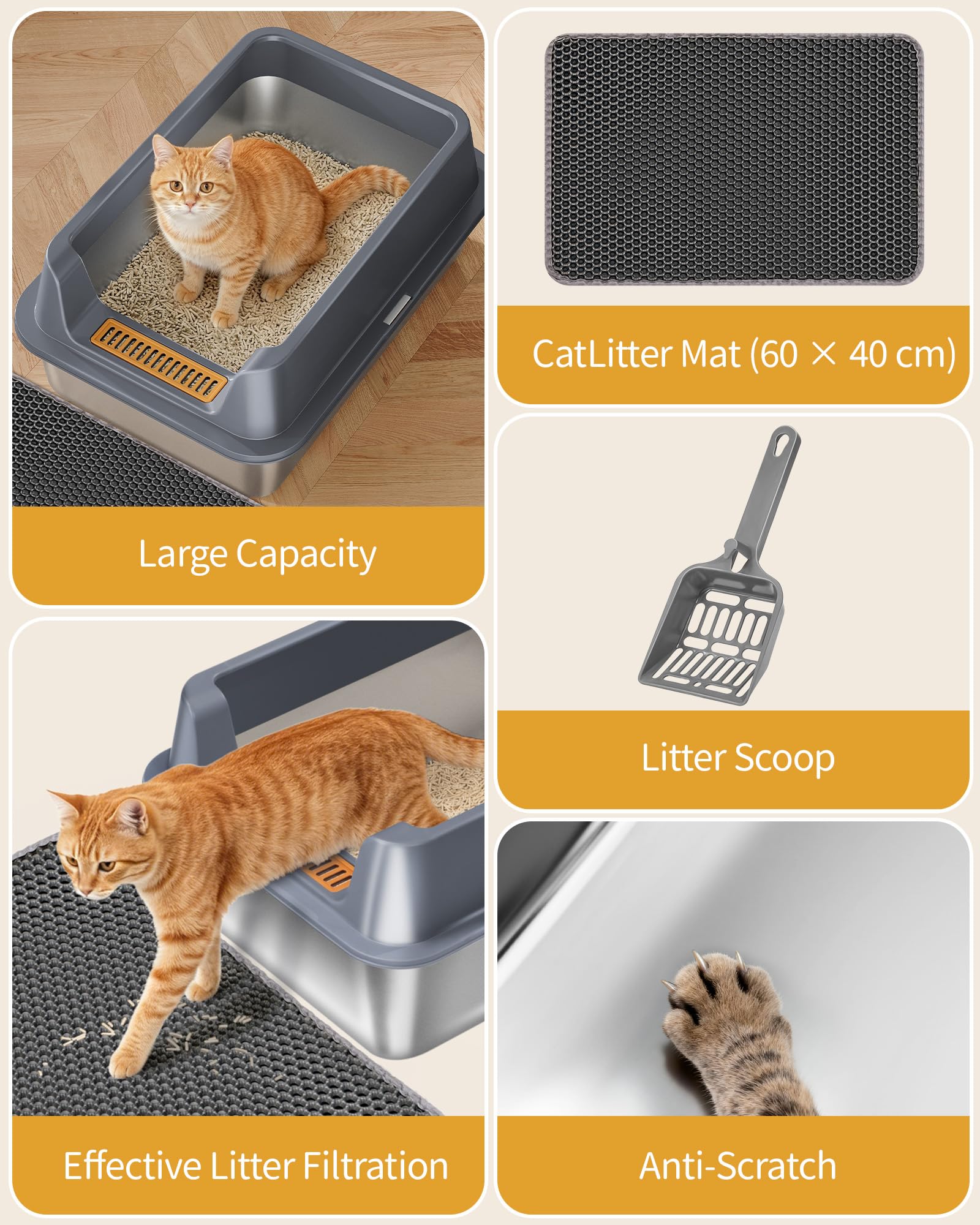 Hzuaneri Lettiera in Acciaio Inox XXL, Lettiera per Gatti Grandi da 30L 60x40x26 cm, Cassetta Igienica con Bordi Alti Semichiusa, Antiaderente, con Paletta e Tappetino, Grigio Scuro ELB89799G