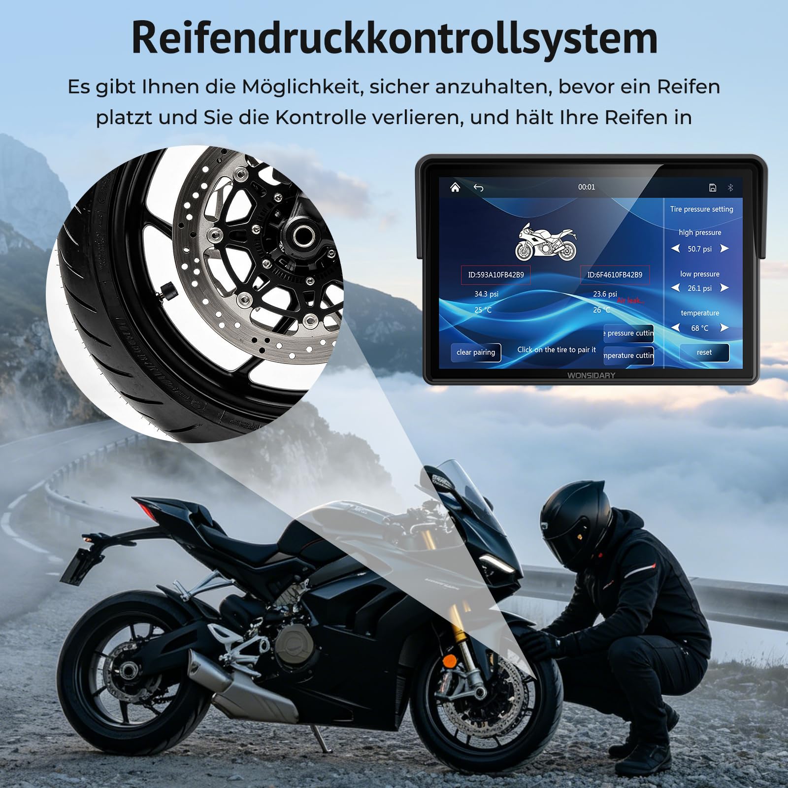 W522TPMS 5 Zoll Motorrad CarPlay Display mit TPMS & Android Auto | Motorrad Navi Display mit IP67 Wasserdichtes ,Dual Bluetooth, Sprachsteuerung, EQ，USB & ACC Anschluss für Motorrad Reisen