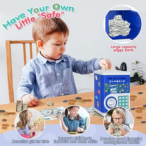 Miniatura 6 de PhilaeEC - Alcancía azul oscuro para niños con bloqueo de código de contraseña y ranura para billetes de agarre automático, caja de ahorro de dinero