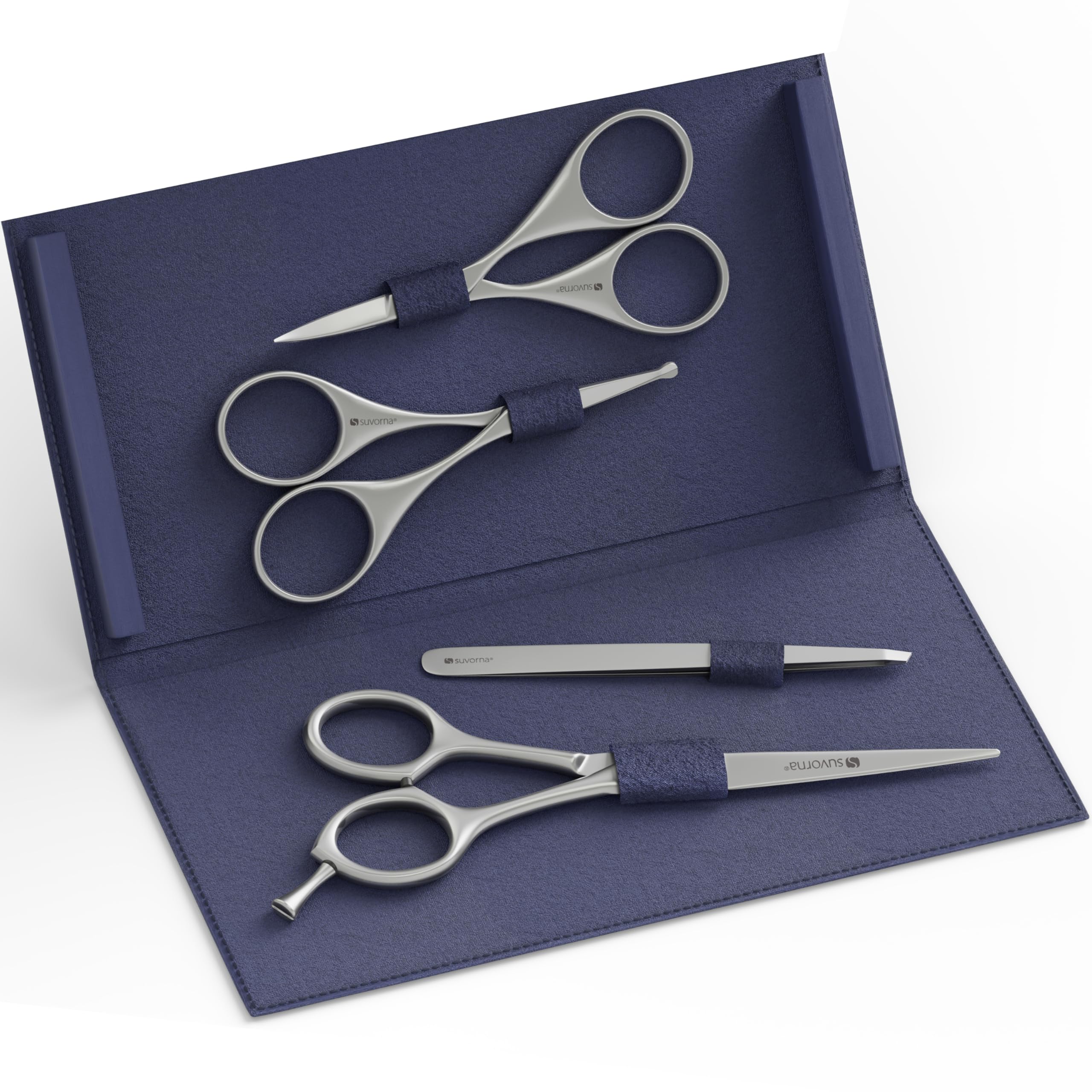 Suvorna Premium Beard & Mustache Set with Beard scissors for men - Facial Hair/Nose/Eyebrow Scissors - Slant Tweezers (4 Pcs Dark Blue)