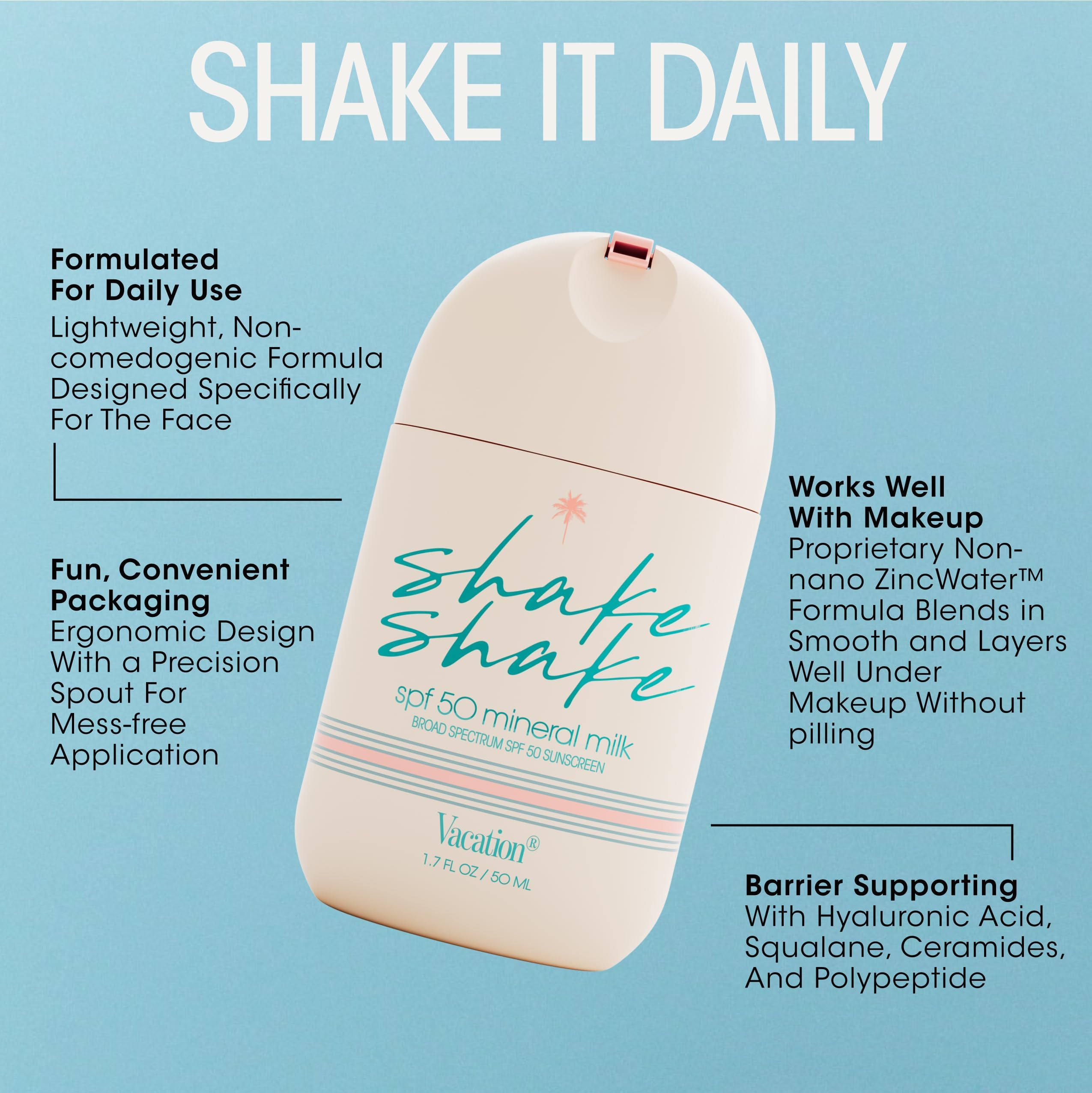 Vacation Shake Shake - Protector solar facial mineral SPF 50, 1.7 onzas líquidas | No nano óxido de zinc, no comedogénico, sin rayas, resistente al agua, amplio espectro, hidratante con SPF, vegano