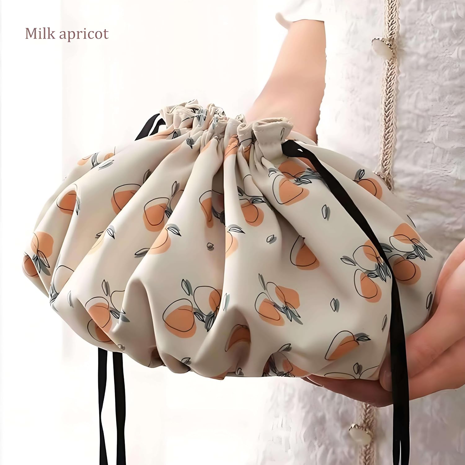 Large Capacity Drawstring Makeup Bag - Lightweight Oxford Cloth, Floral & Fruit Print, Multiple Inner Pockets, Portable for Travel & Daily Use (Milk apricot)