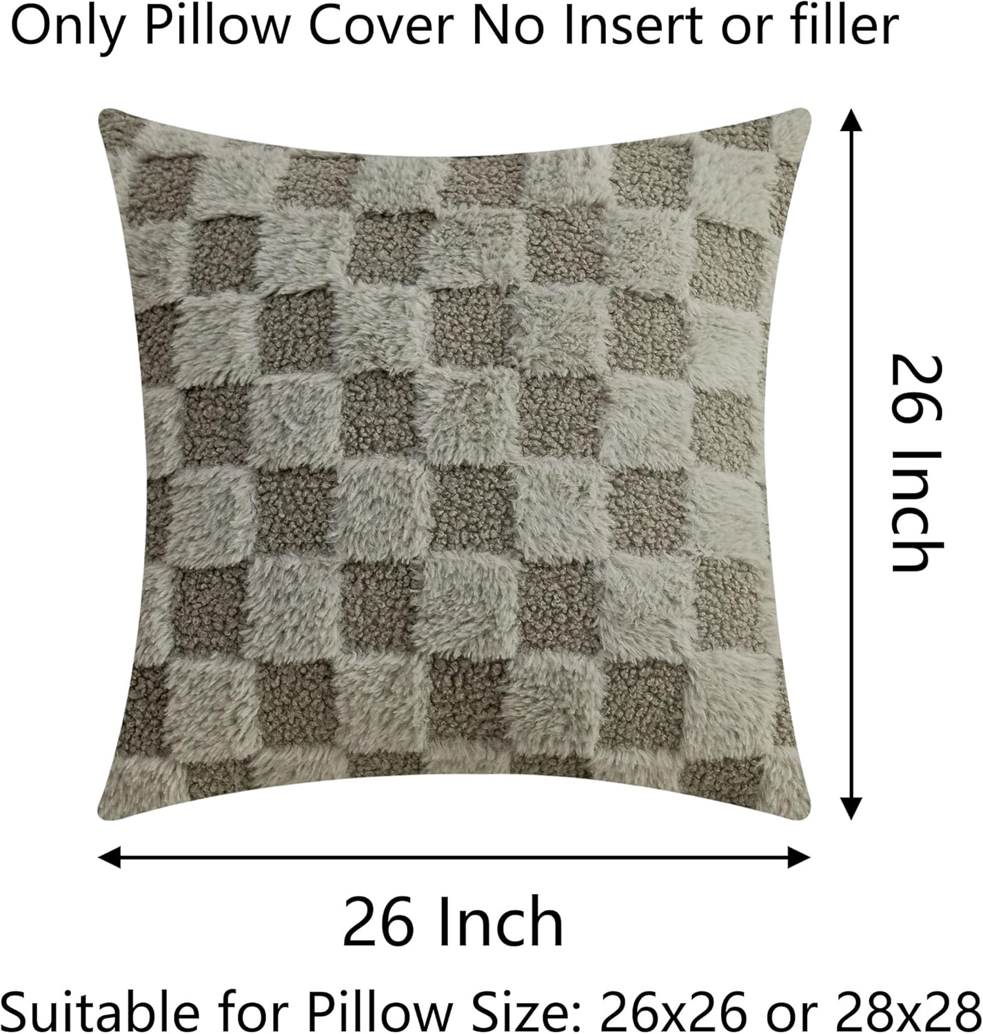 Demetex Checkered 26 x 26 Pillow Covers Grey Fluffy Plaid Euro Shams Neutral Large Square Throw Pillows for Sofa Couch Dining Room, Set of 2, 26x26 inch, Grey