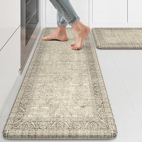 KIMODE - Juego de 2 tapetes de cocina antifatiga, estilo vintage, antideslizantes, impermeables, ergonómicos, acolchados, cómodos para lavandería,