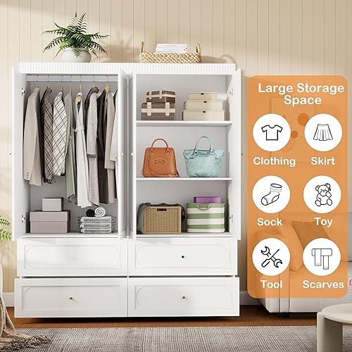Miniatura 7 de Armario Armario con cajones: Armario de madera de 74 pulgadas con 4 puertas, Armario grande para dormitorio con estantes, armarios altos para colgar
