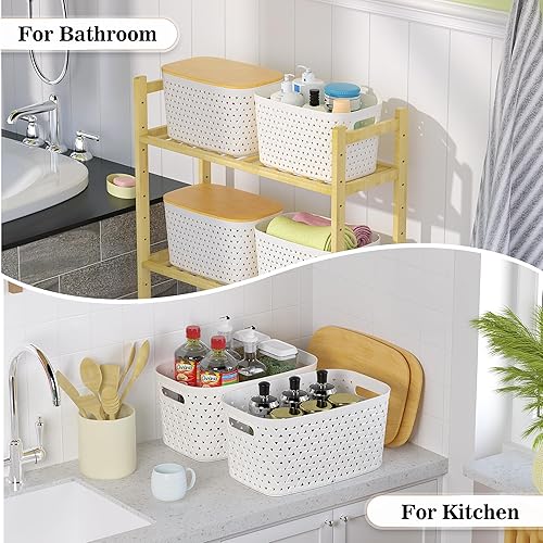 Miniatura 7 de Contenedores de almacenamiento de plástico con tapas de bambú, 4 paquetes, contenedores de organización y almacenamiento de despensa, cestas de