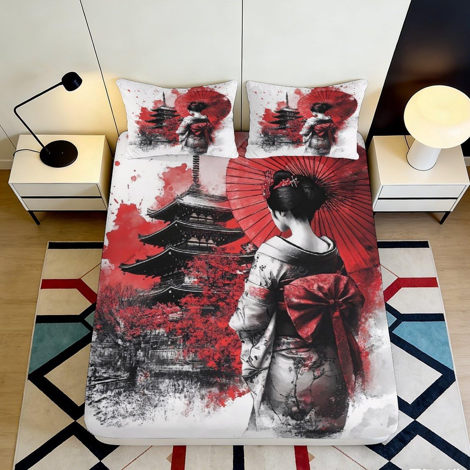 3D Printed Japanese Geisha Fitted Sheet Microfiber Soft Breathable Pagoda Bed Sheet for Bedroom Dormitory Guest Room Mattress Cover Decor 120x200x25cm