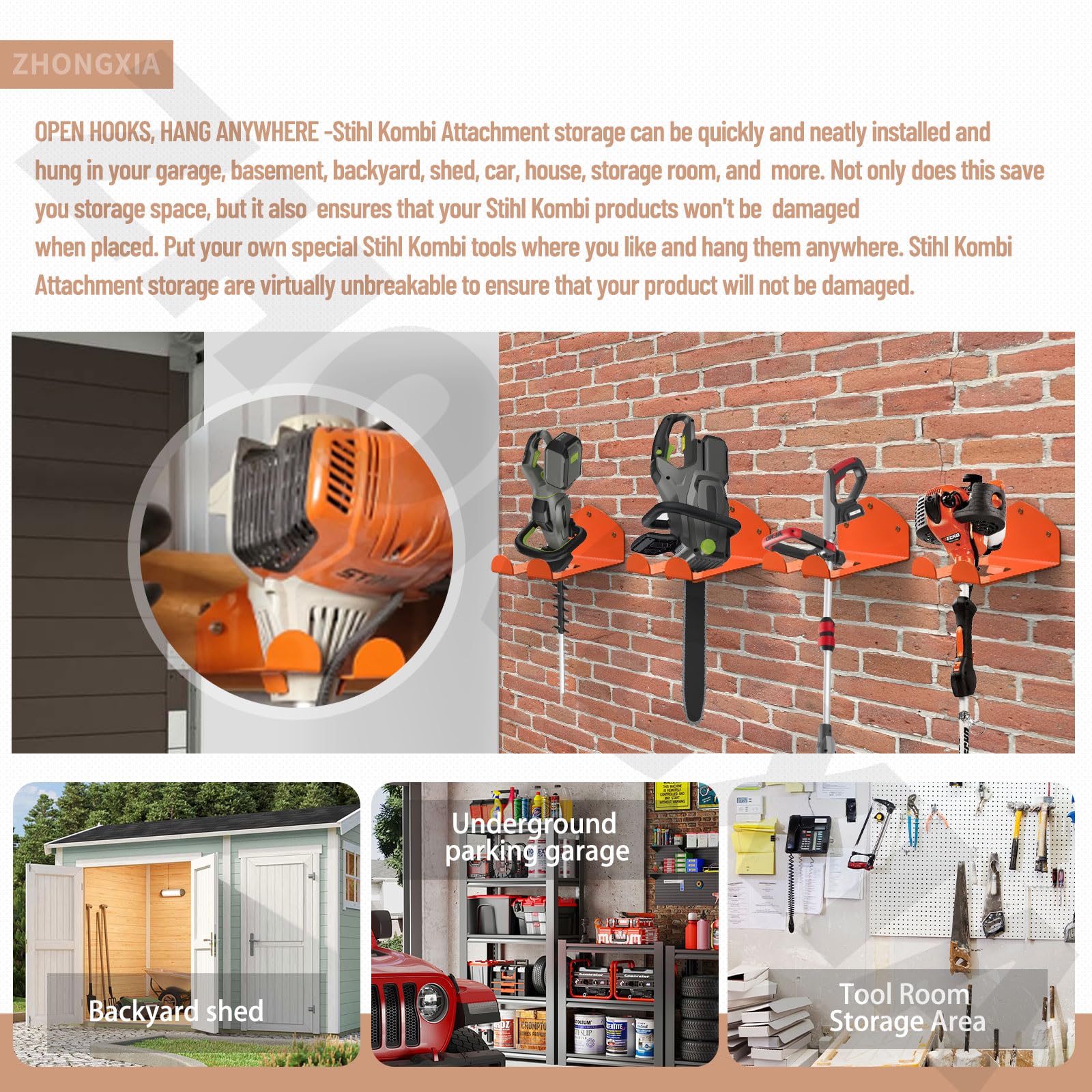 Juego de ganchos de almacenamiento de garaje resistentes para estante de recortadora y ganchos de almacenamiento de garaje | Percha para accesorios Stihl Kombi | Ganchos de montaje en pared