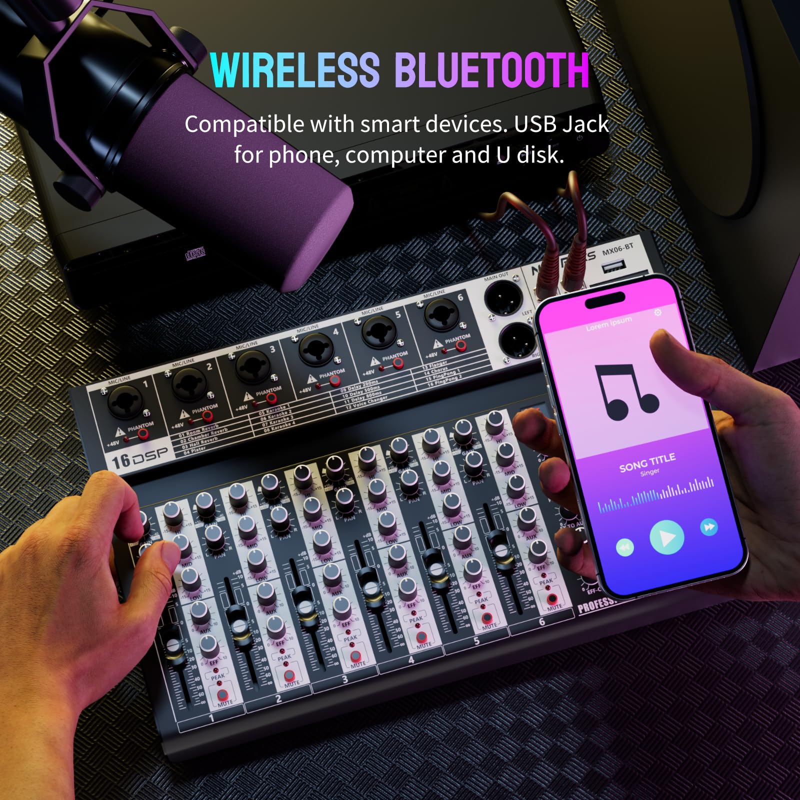 Professional Audio Mixer,6 Channel Audio Interface Sound Board Mixing Console System with Monitor,16 DSP DJ Bluetooth Mixer Reverb Effect +48V Phantom For Karaoke Studio Streaming Recording