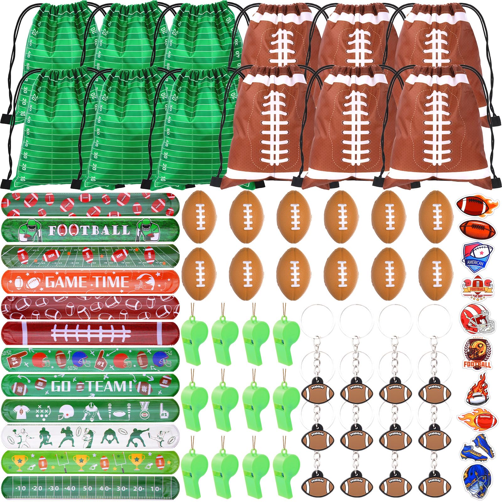 Justforjoyful 110 Pcs Football Party Favors for 12 Sets Football Party Supplies Drawstring Bag Backpack with Keychains Mini Football Stress Balls