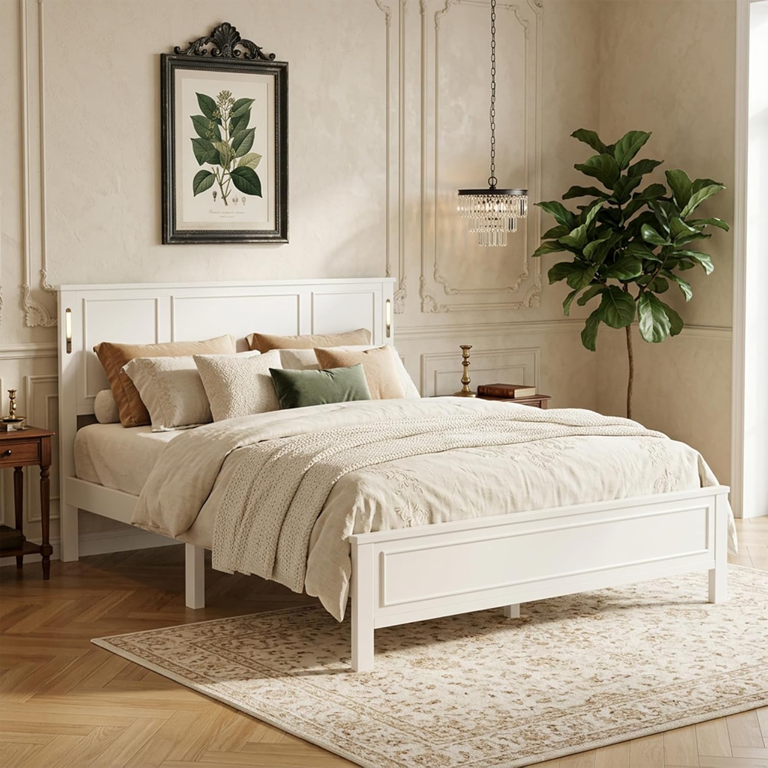 VECELO King Size Farmhouse Platform Bed Frame with LED Headboard, Dual USB & Type-C Charging Ports,Under-Bed Storage, Solid Wood Slat, No Box Spring Needed, Rustic Style Bed for Bedroom, White