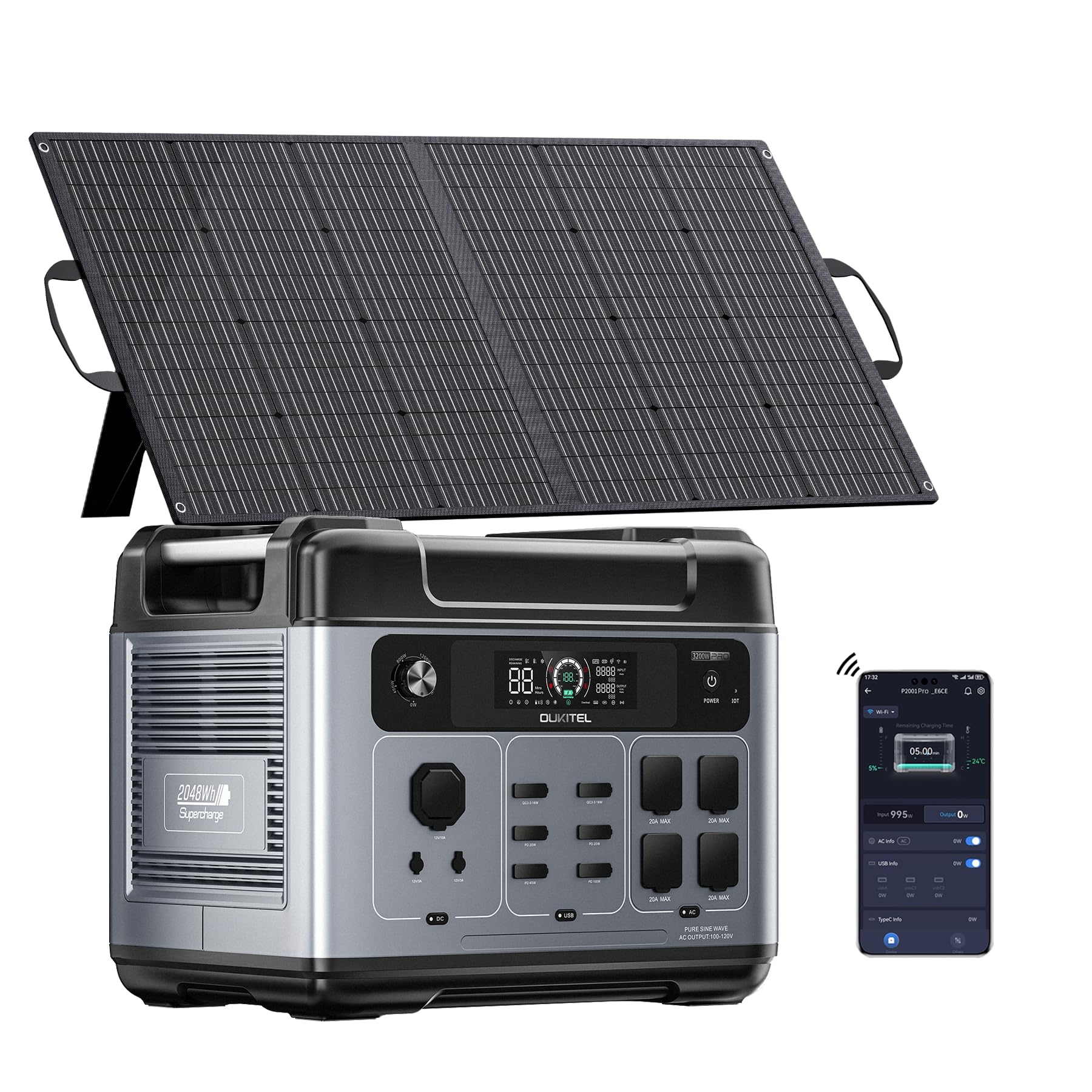 OUKITEL Estacion de Energia Portatil 3200W (Pico 6400W) Generador Solar | con Panel de 100W, Batería LiFePO4 de 2048Wh, 4 Tomas de CA, Carga Rápida 1,2h, Power Station para Camping, Hogar,SAI Backup
