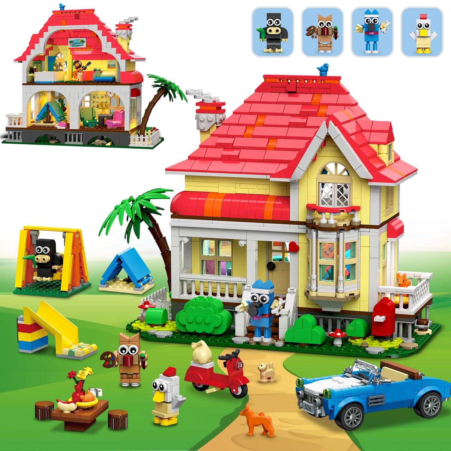 HOGOKIDS Girls House Building Set with LED Light – 1212 PCS Friends Fairy-Tale Villa Block Toy with Car, Slide, Swing & 4 Cute Animals Building Kit | Birthday Gift for Kids Girls Boys Age 6-12+