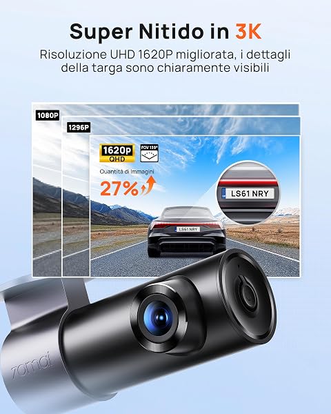 70mai Dash Cam M310 Plus 3K, 1620P Dashcam Auto, WiFi, Visione Notturna, Rilevamento del Movimento, Registrazione Time-lapse, WDR, Registrazione in Loop, Modalità Parcheggio, WiFi, APP, Max 256 GB - 3