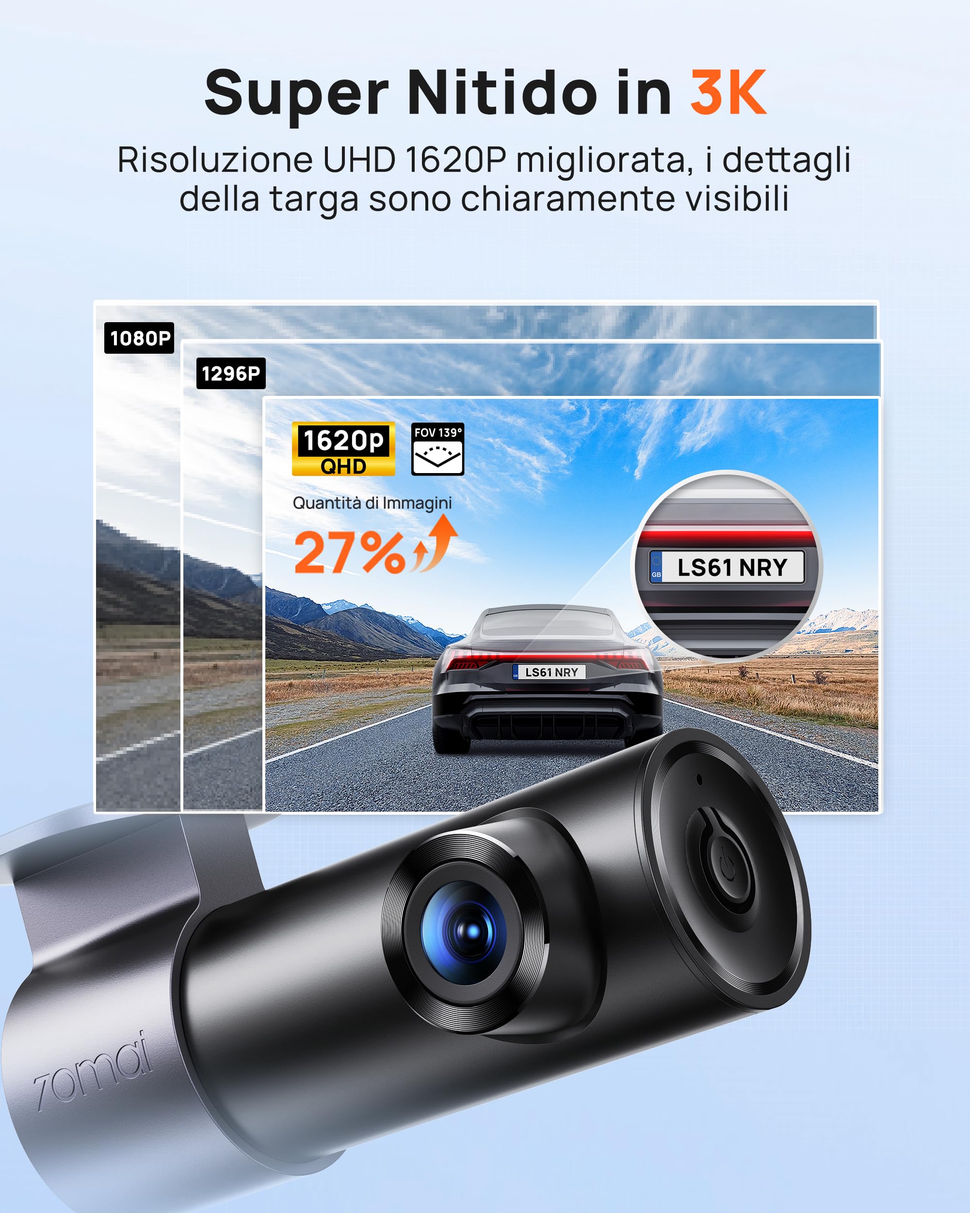 70mai Dash Cam M310 Plus 3K, 1620P Dashcam Auto, WiFi, Visione Notturna, Registrazione Time-lapse, WDR, Registrazione in Loop, Modalità Parcheggio, WiFi, APP, Max 256 GB