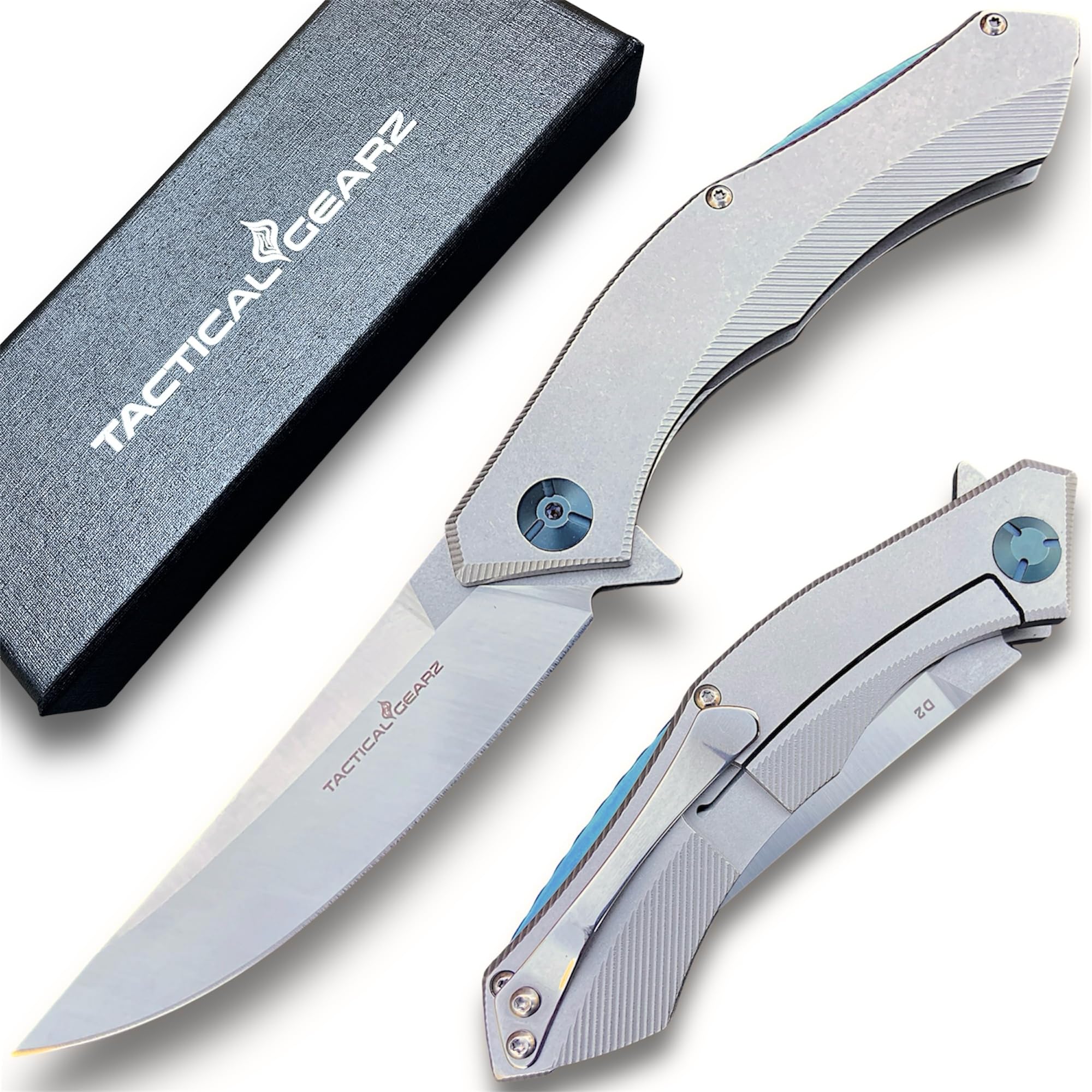 TACTICAL GEARZ Pocket Knife for EDC, Stonewashed Stainless Steel Handle, D2 Steel Blade, Includes Sheath (Triton S)