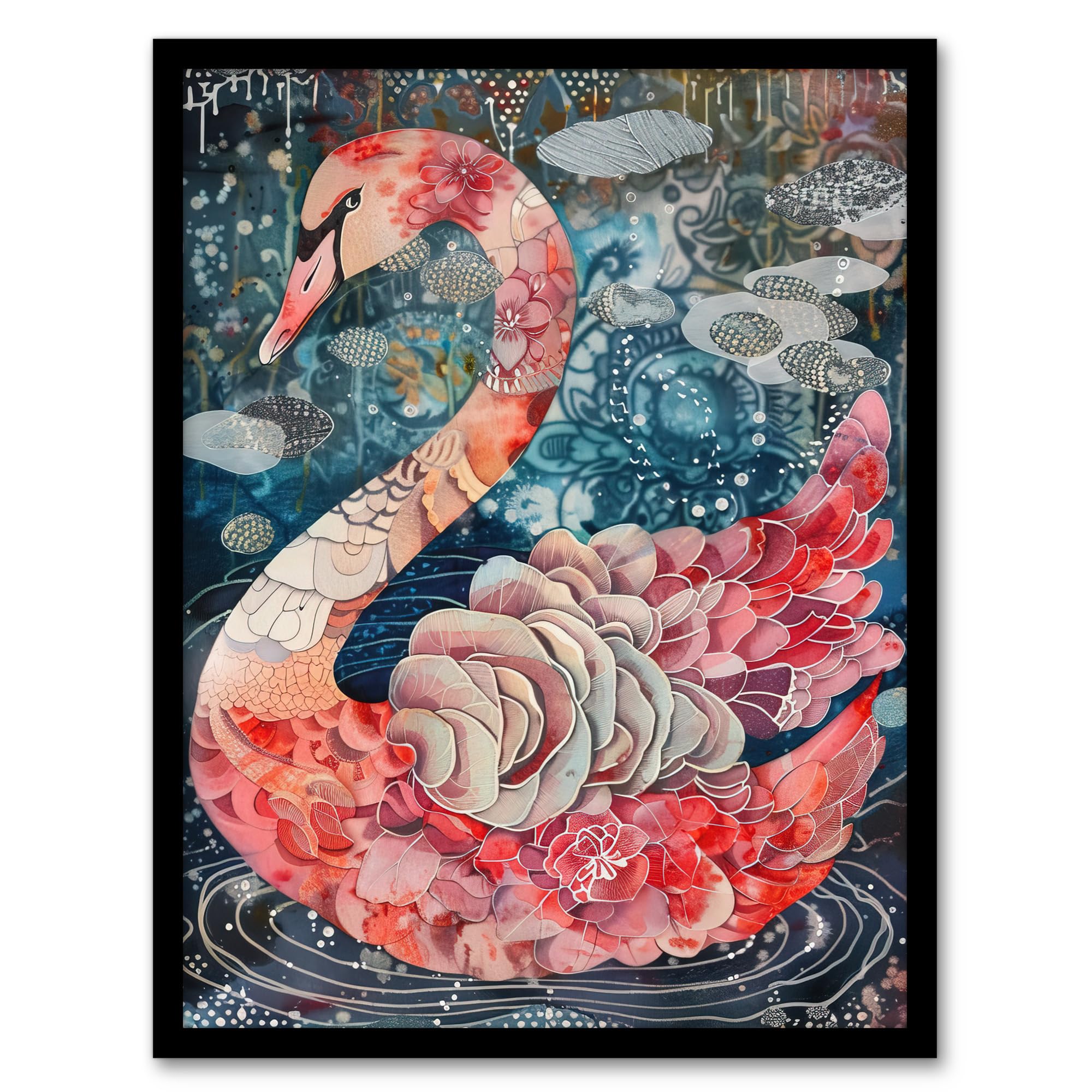 Artery8 Abstract Pink Flower Swan Artwork Enchanted Lake Living Room Artwork Framed Wall Art Print A4