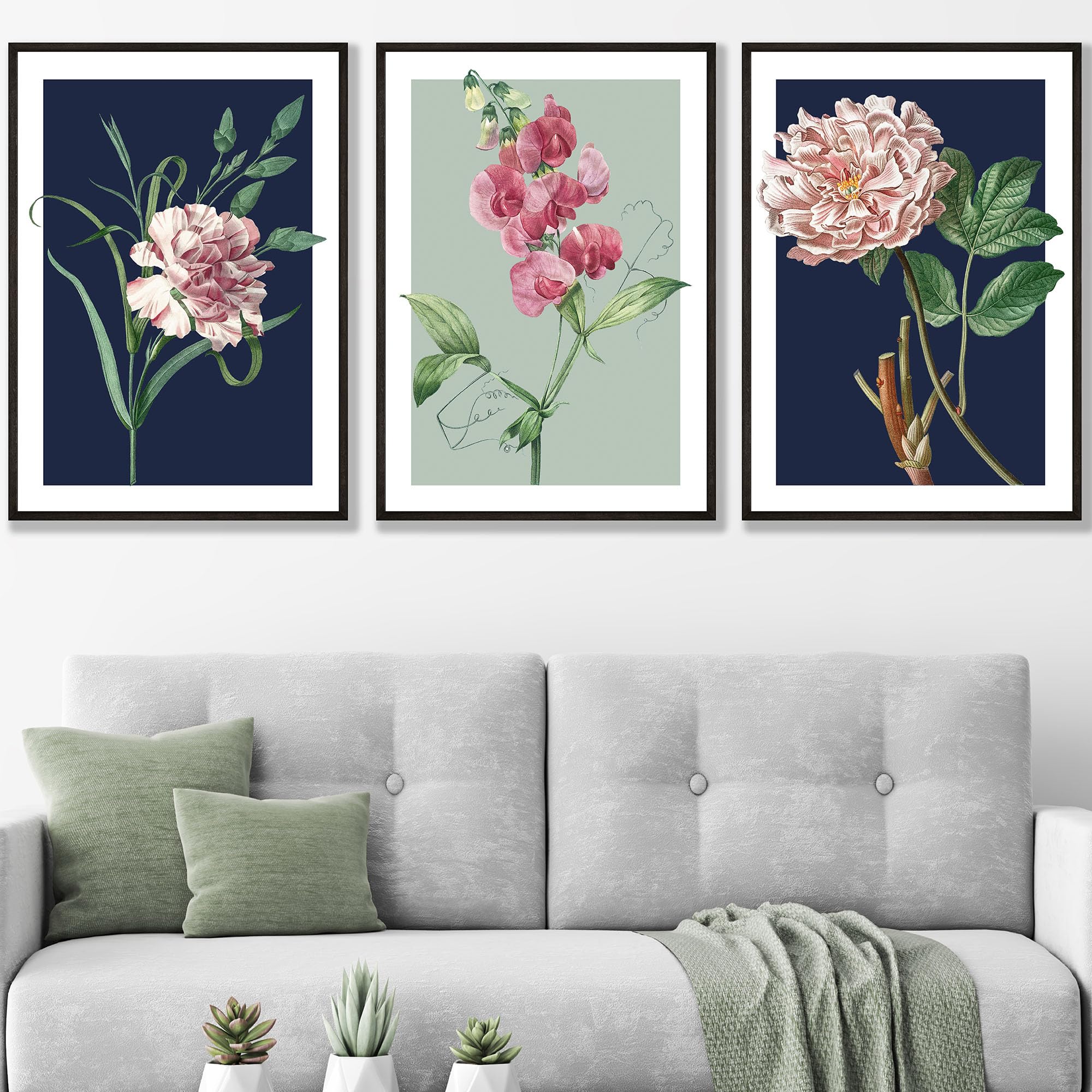 ARTZE Set of 3 Vintage Flowers Navy Blue and Sage Green Wall Art Black Frames Size: (A2-45 x 62 cm)