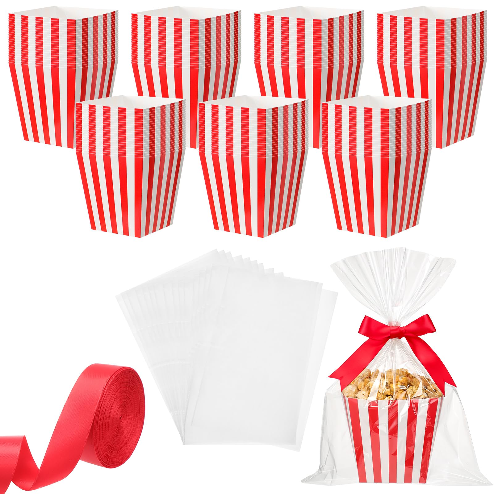 24 Set Carnival Striped Popcorn Boxes with Gift Bags &amp; Ribbon, Red, White