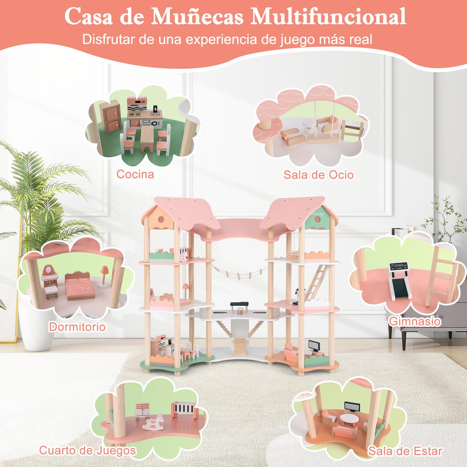 GOPLUS Casa de Muñecas de Madera de 3 Pisos Con 7 Habitaciones y 31 Piezas de Muebles, Encantador Juego Para Niños de 3+, Para Muñecos de 8-15 cm