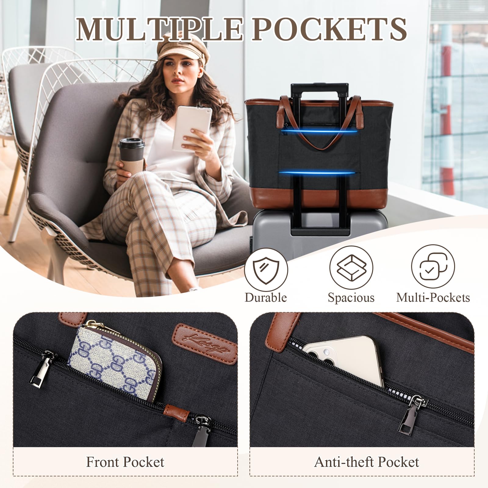 Sac Cabas Femme, Grand 15,6 Pouces Sac Ordinateur Femme Poches Multiples Imperméable Set de Sac Fourre Tout Sac de Cours Lycee avec Pochette pour Travail Affaire Voyage