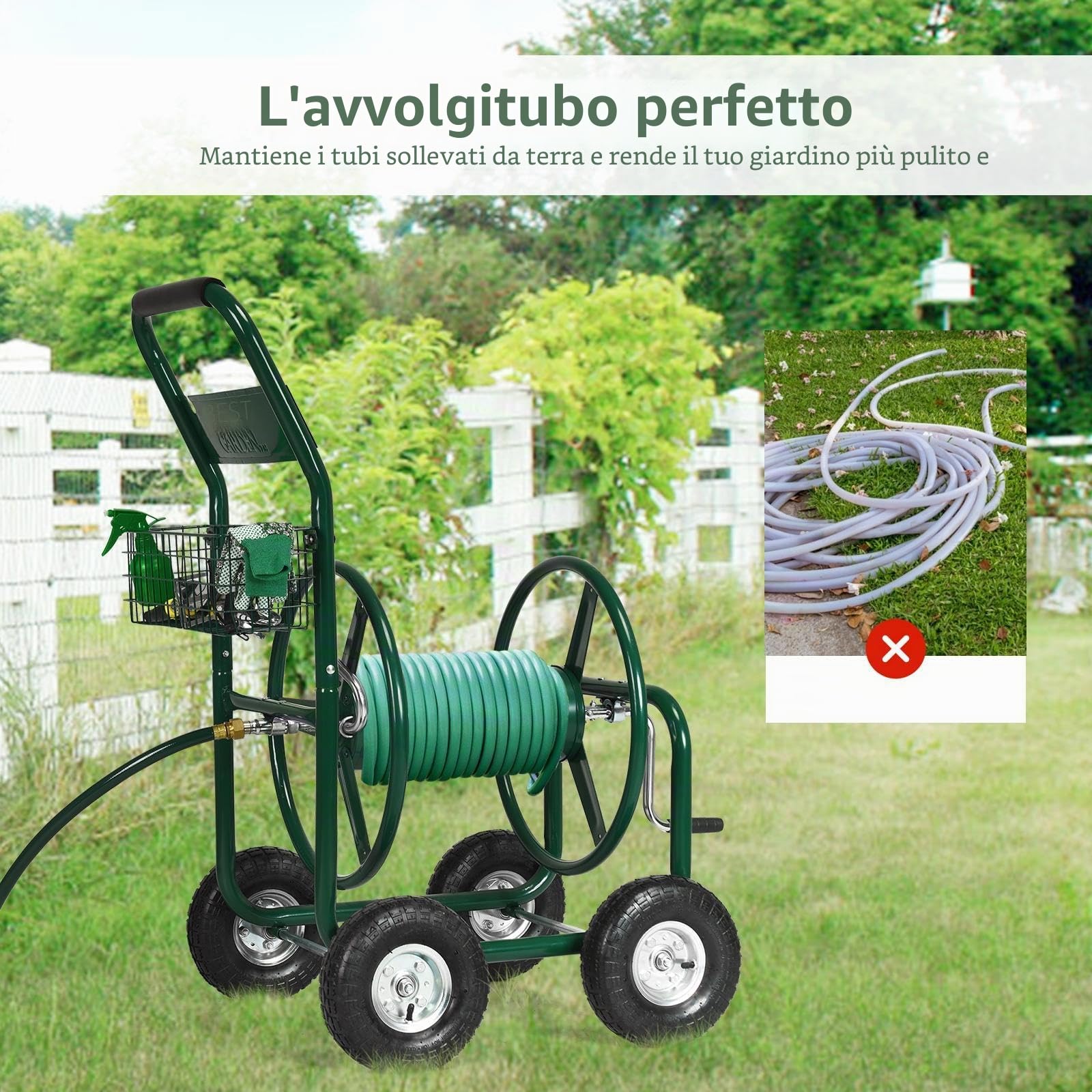 SOARS Carrello Avvolgitubo da Giardino per Tubi da 5/8", Fino 80 Metri | Avvolgitubo in Metallo con Cestino e 4 Ruote Pneumatiche, 95 x 62 x 113 cm, Verde