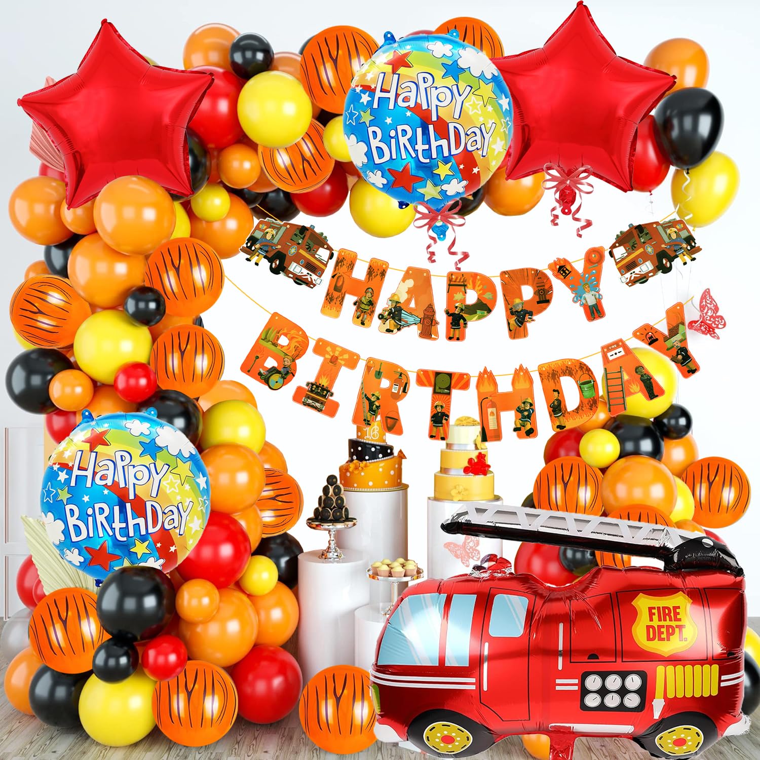 Rozi Decoration Latex, Foil, Cardstock Fireman Theme Birthday Decoration Items For Girl, Boy, Kids Birthday Décor, Firefighter Fire Truck Theme Birthday Decorations Pack Of 73 Pieces, Multicolor