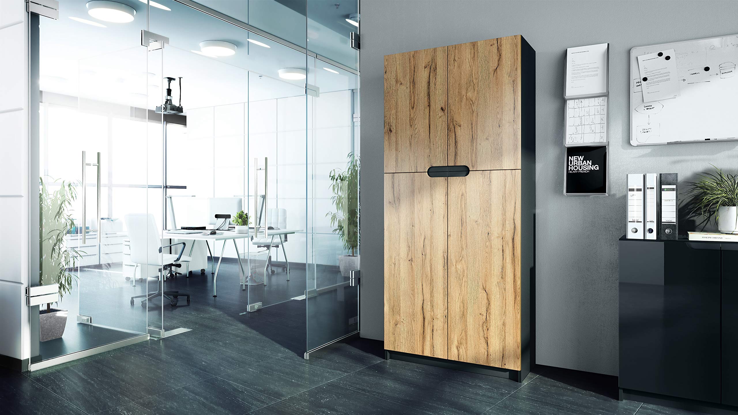 Vladon Büroschrank Logan V1, Made in Germany, Aktenschrank mit 5 Fächern und 4 Türen, Schwarz matt/Eiche Natur (82 x 185 x 37 cm)