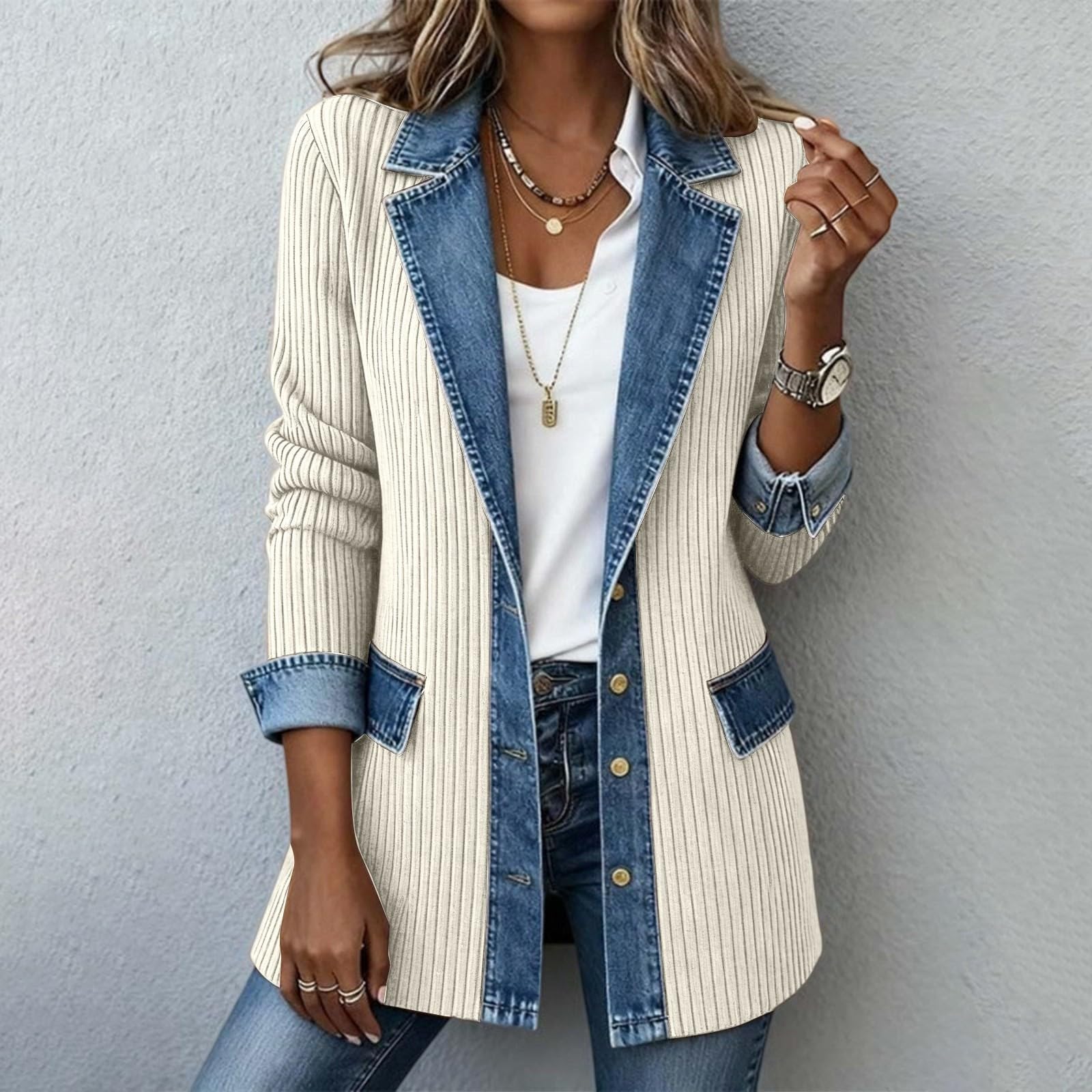 FUPODD Damen-Mäntel Übergang Jeansjacke Patchwork Strickjacke Mittellang