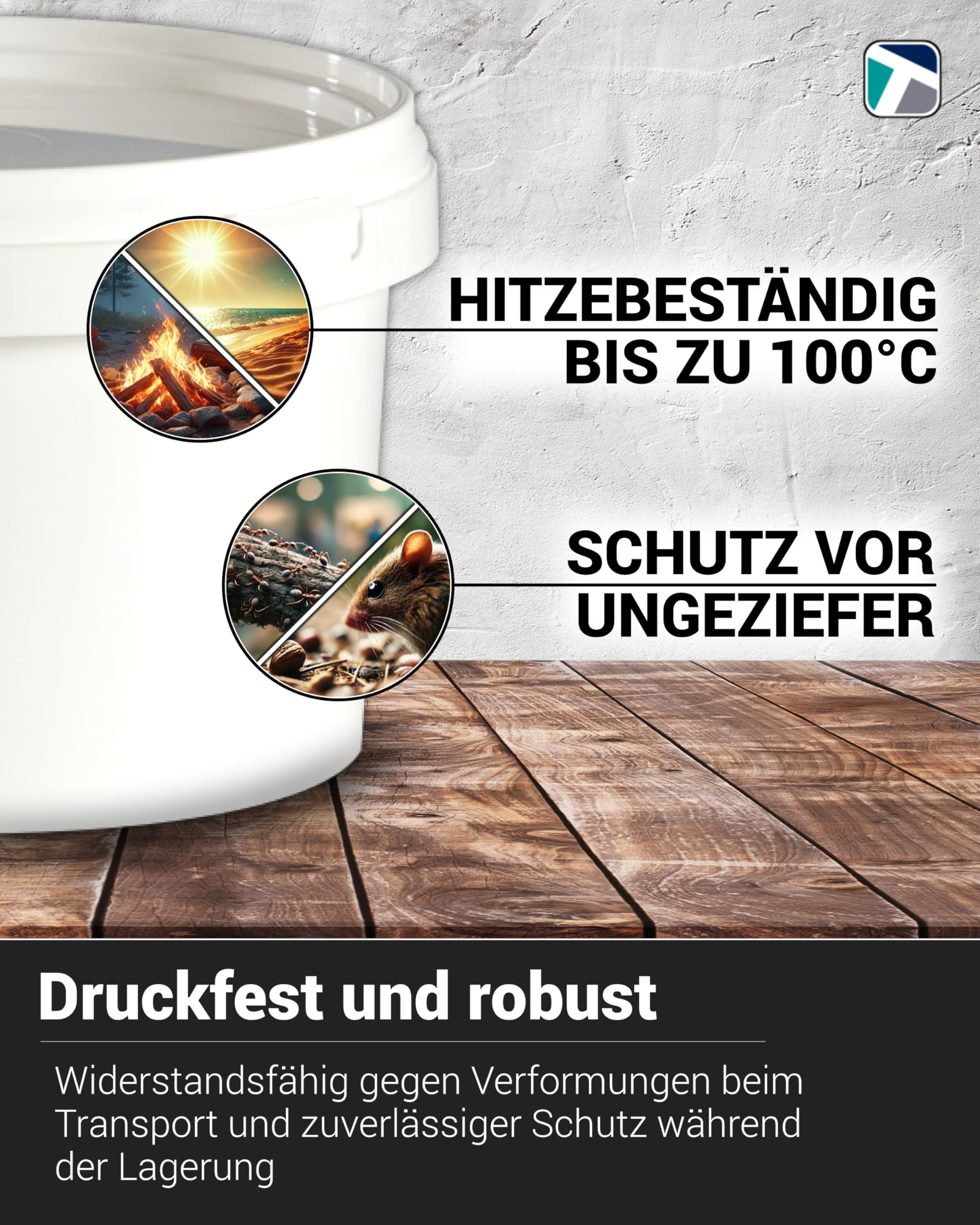Trevendo 33 Liter Hobbock mit Deckel und Griffmulde, lebensmittelecht - luftdicht - stabil - stapelbar - Leereimer zur sicheren Lagerung inkl. Trevendo Beschriftungsetikett