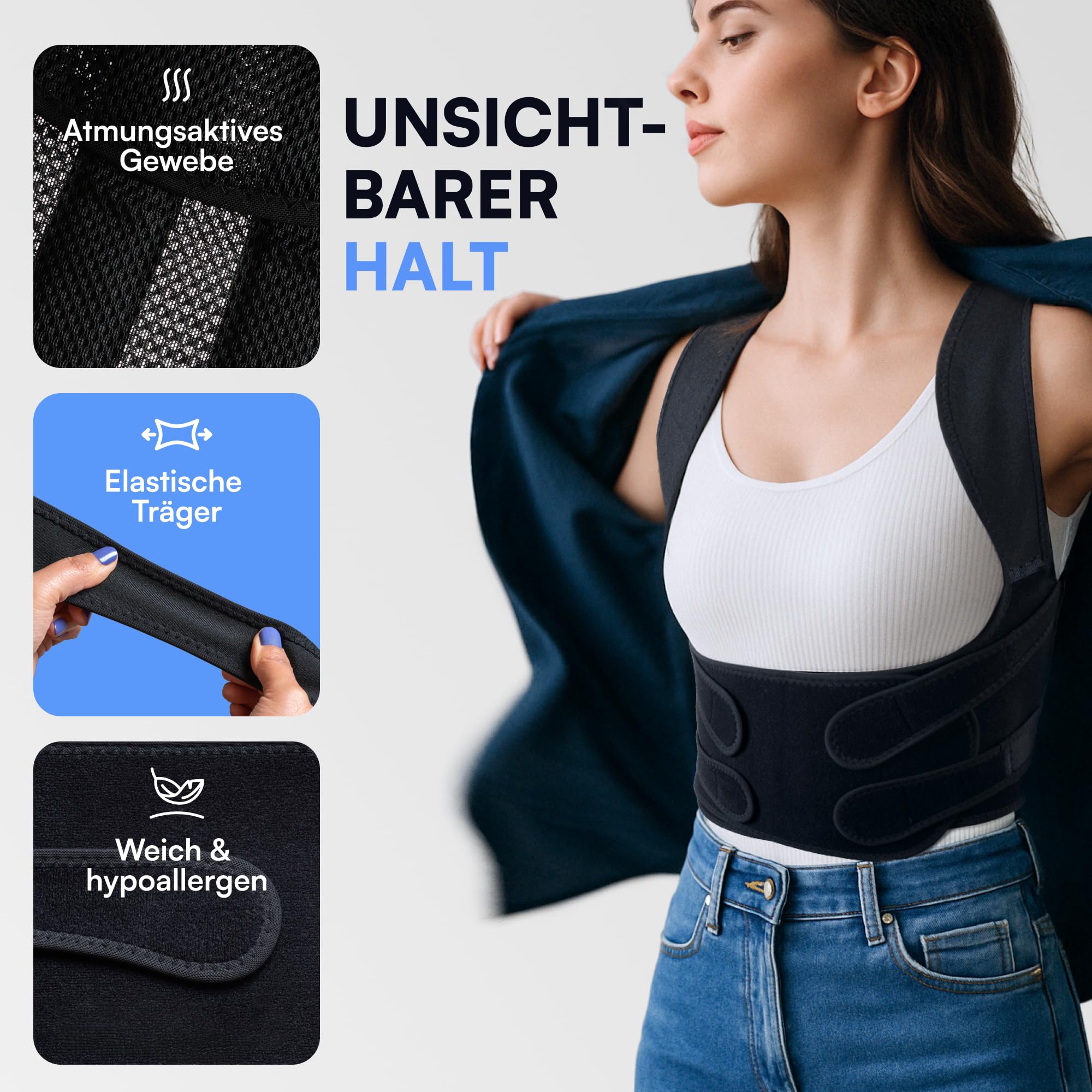Haltungskorrektur Rücken Damen Herren - Rücken Geradehalter & Rückenstützgürtel, verstellbarer Rückengurt für gerade Haltung, inkl. 2 Schulterpolster