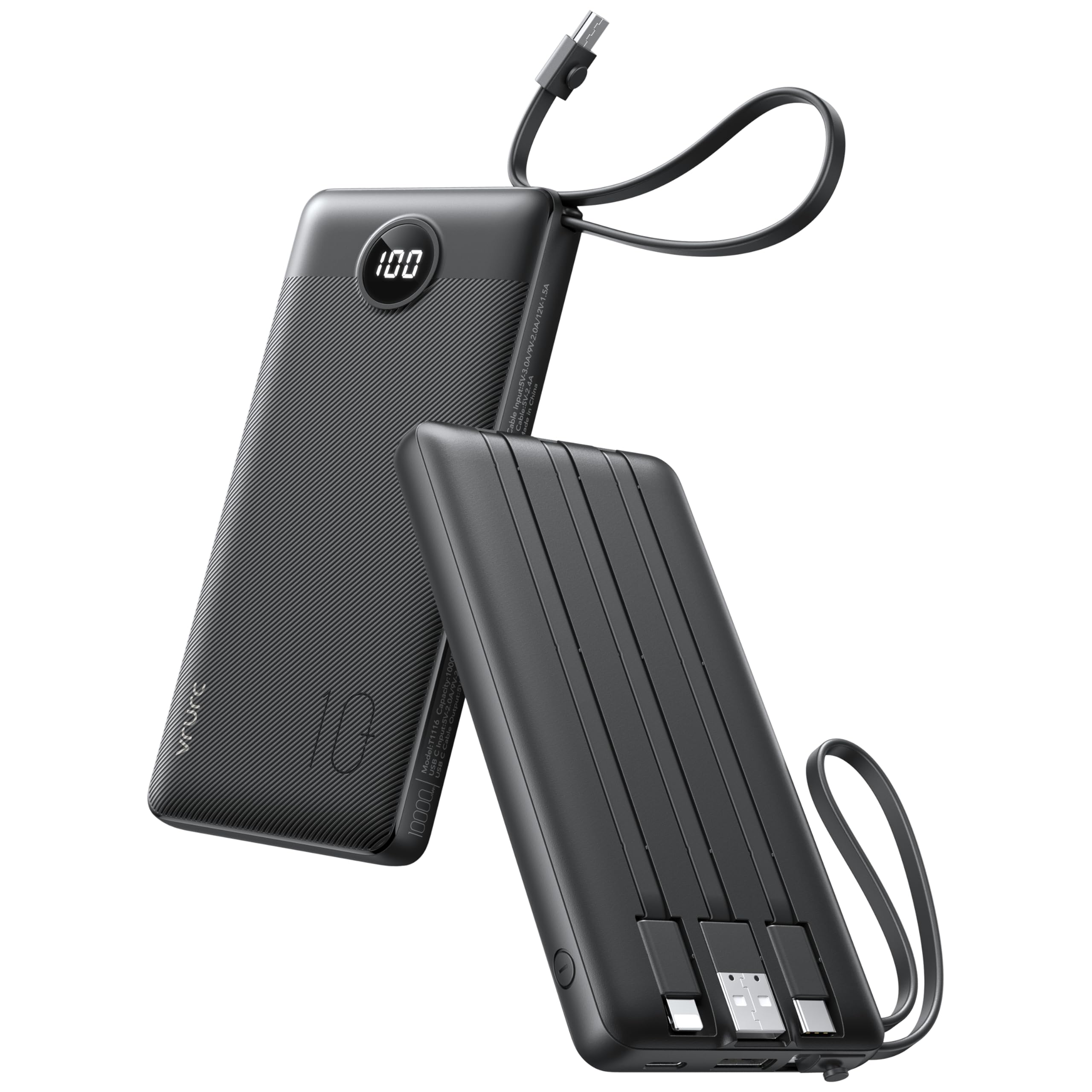 VRURC Power Bank with Built in Cables, 10000mAh Slim USB C Portable Charge,5 Output 2 Input LED Display External Battery Pack Compatible with iPhone 16 15 14 13, Samsung,Android(1 Pack)