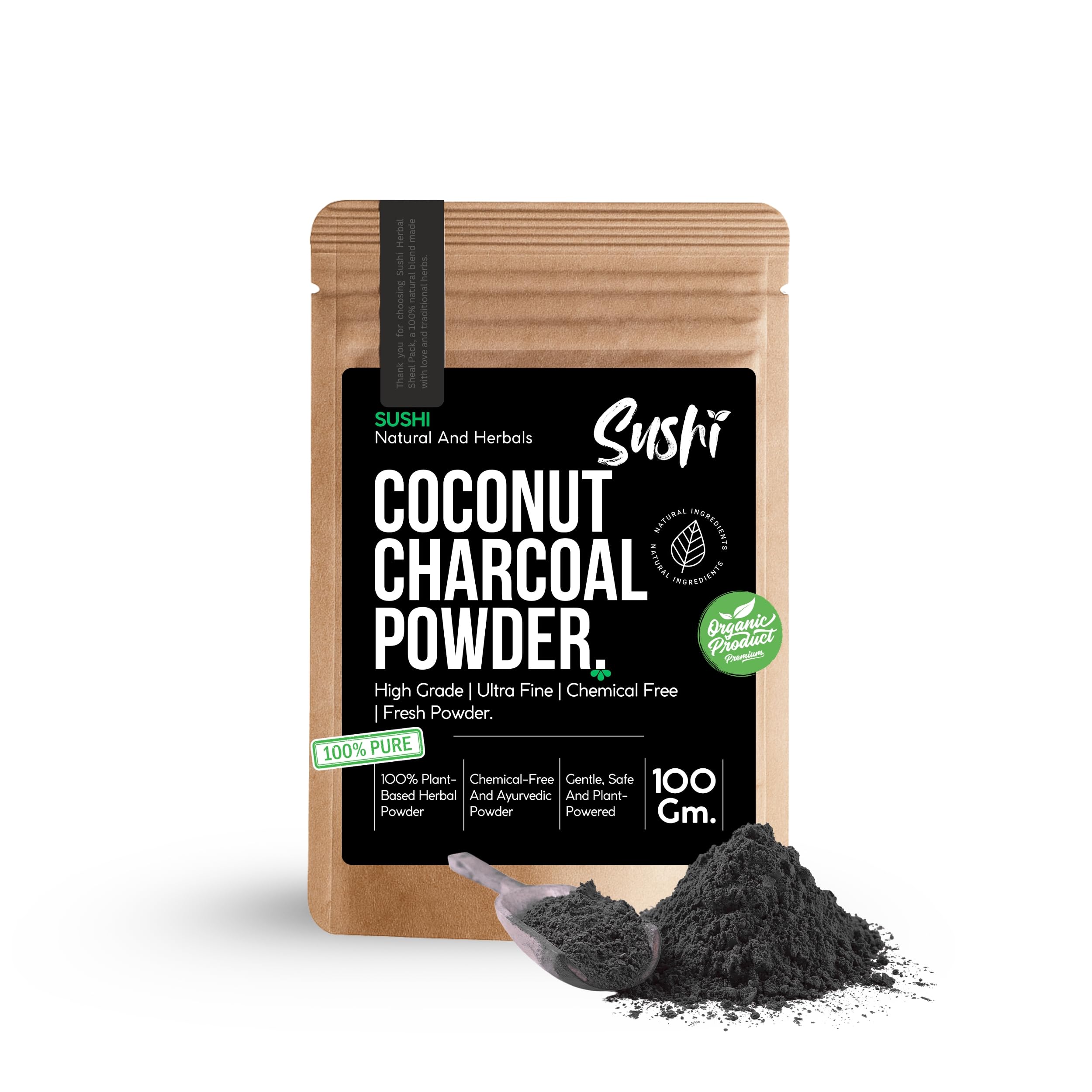 Sushi Coconut Shell Charcoal Powder | 100% Pure & Natural | Activated Charcoal for Skin Detox & Hair Care | Deep Cleansing (Pack of 1 | 100gm)