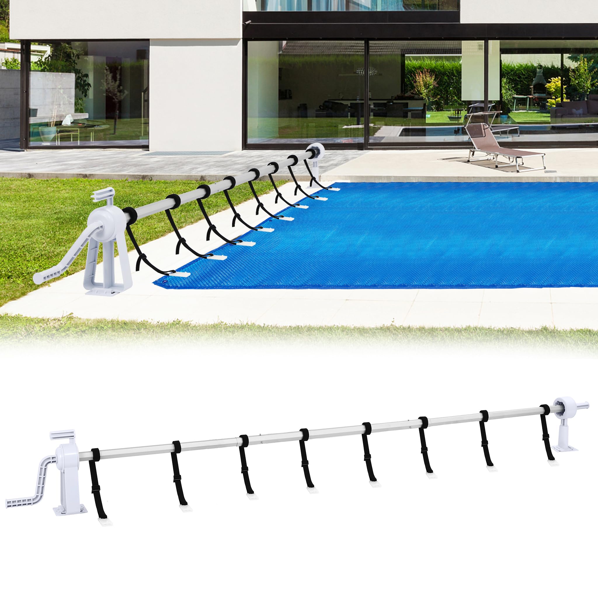 Bâche de piscine et bâche solaire enrouleur réglable de 1,05 à 6,15 m avec sangles