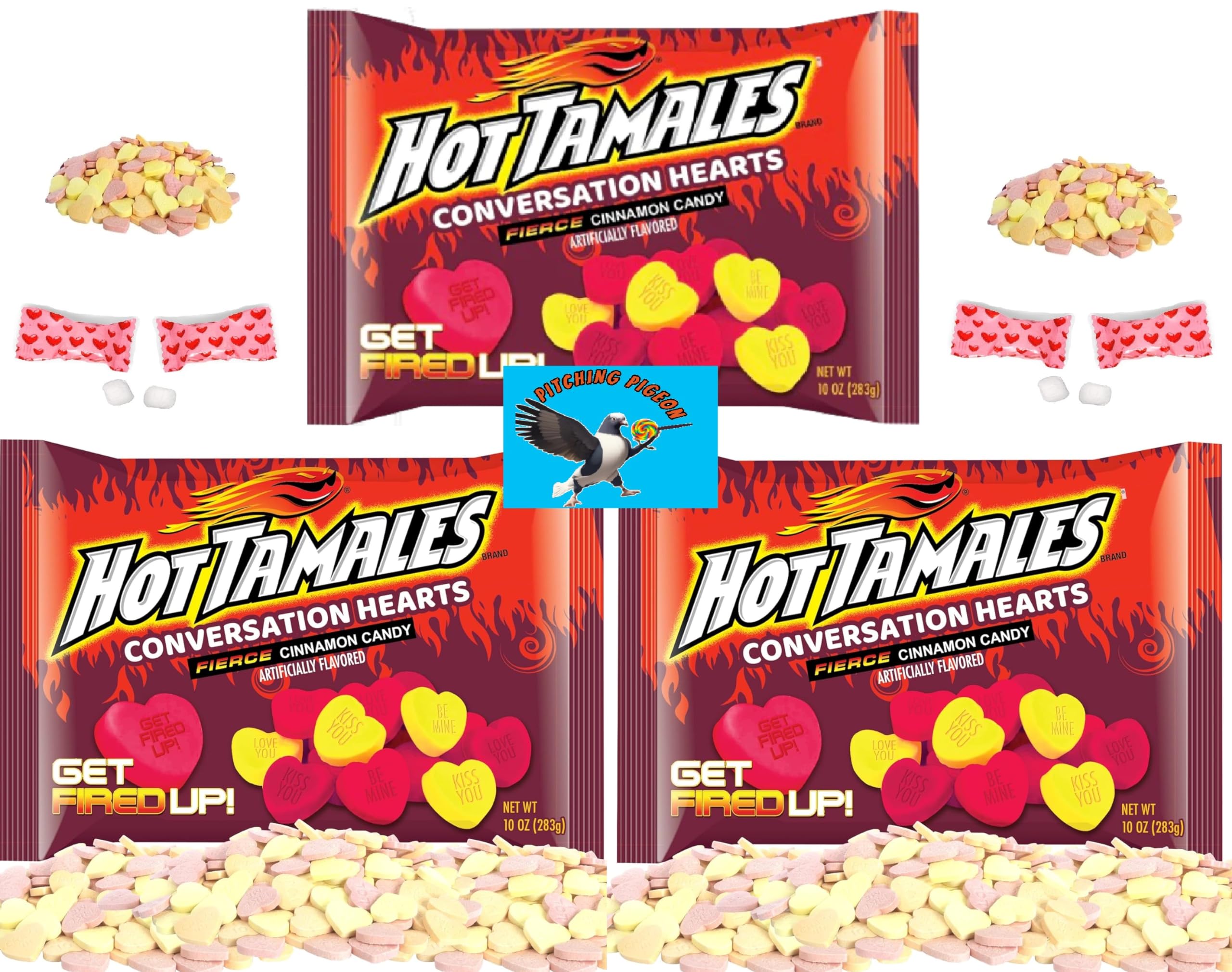 Hot Tamales Conversation Hearts Fierce Cinnamon Flavored Valentine's Candy 30 Ounces Total - Includes a PITCHING PIGEON Brand Magnet