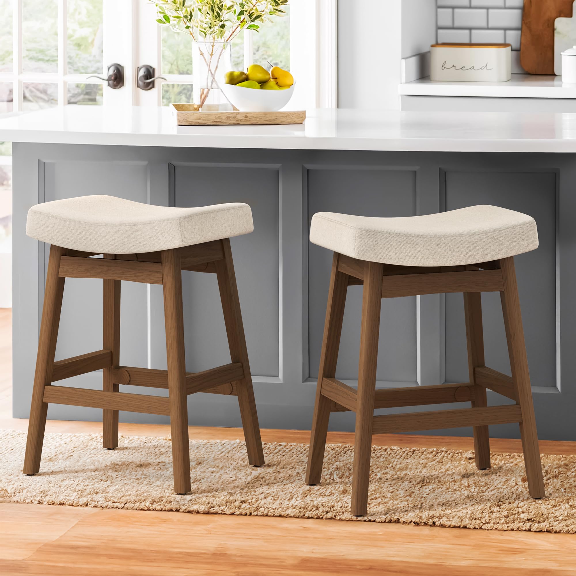 LUE BONA Bar Stools Set of 2, 61 cm Counter Height Barstools with Curved Padded Cushion, Solid Rubberwood Legs Kitchen Breakfast Bar Chairs, Beige โ image 1