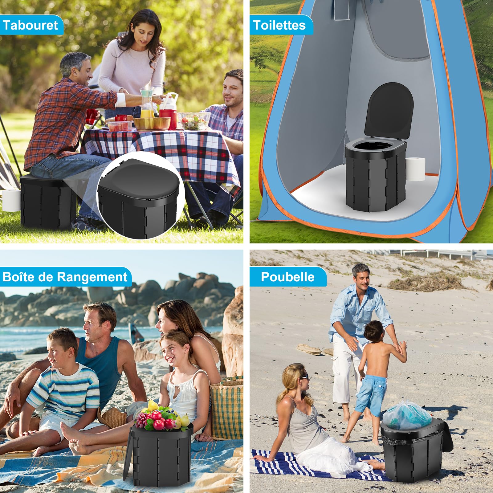 WADEO Toilettes de Camping Pliables, [Max 181 kg] [7 Panneaux Renforcés] Portables avec Couvercle et Porte-Papier, pour Adultes, Voyage, Randonnée, Van