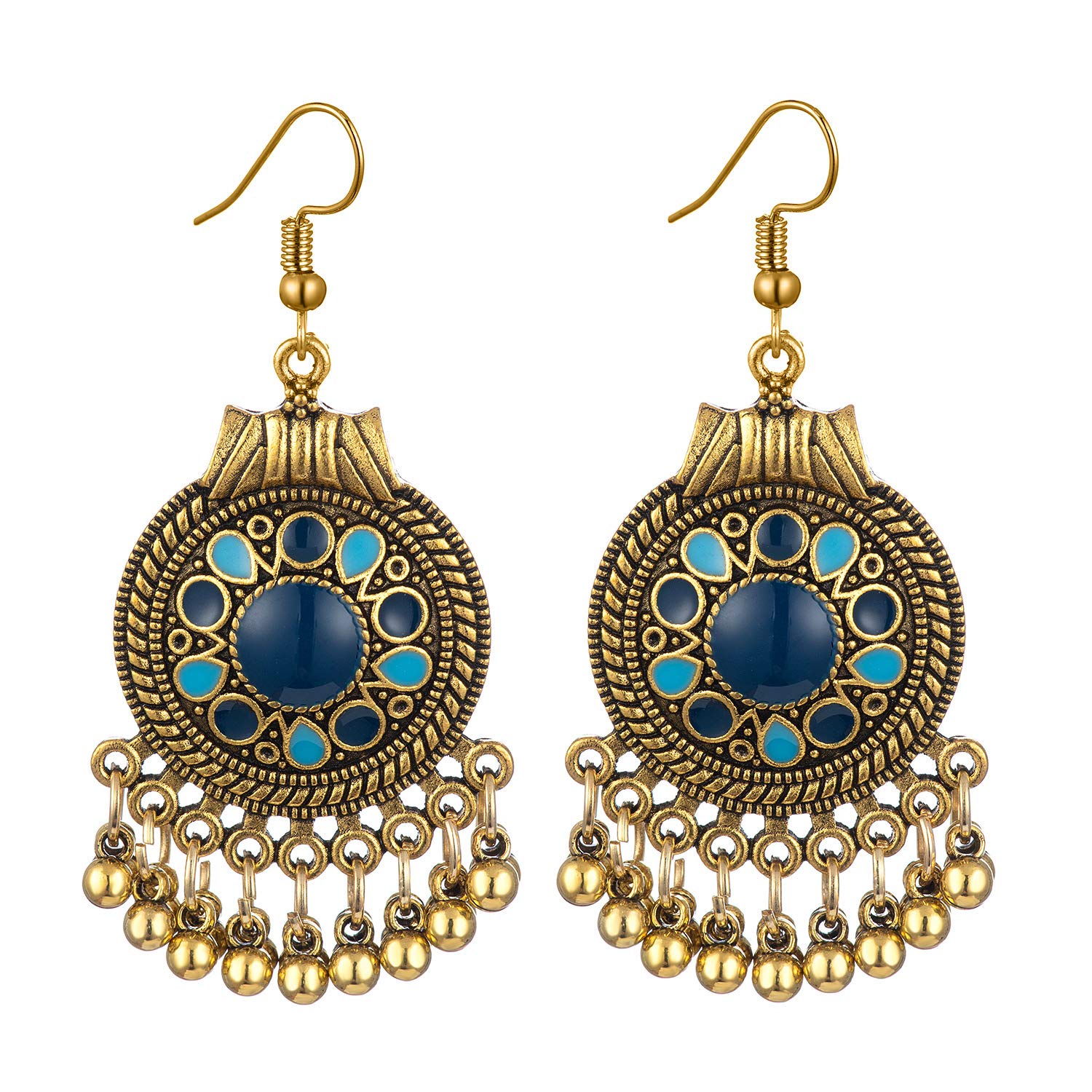 Indian Earring For Women Antique Ethnic Silver Color Small Bells Waterdrop Tassel Earrings Turkish Tribal Gypsy Jewelry (Bells Waterdrop Tassel Earrings-Blue)