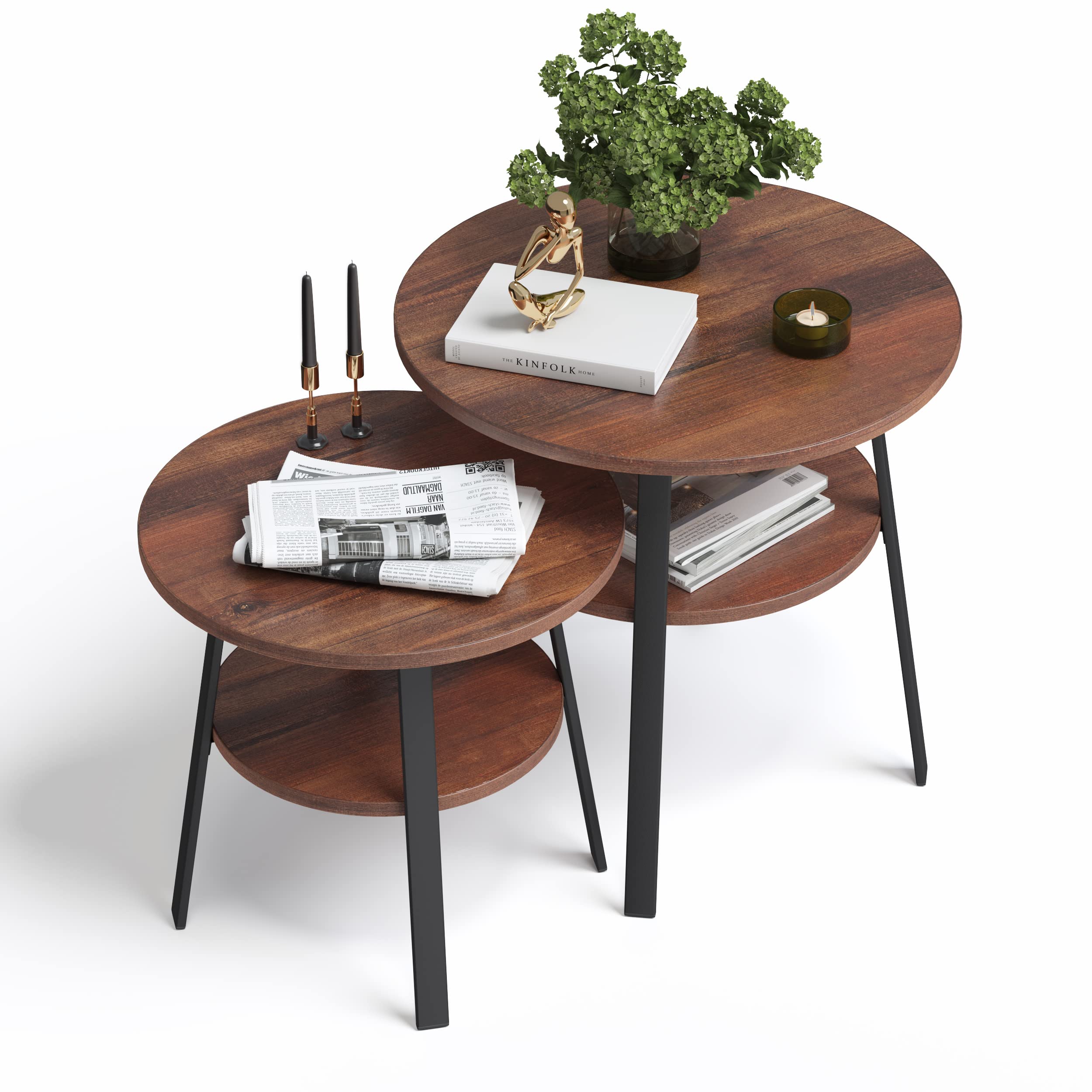 Beistelltisch rund stabiles Metallgestell/Holz Ø43xH 44 cm, 2 Ablagen Nachttisch Couchtisch für Wohnzimmer Schlafzimmer, Walnuss-Optik