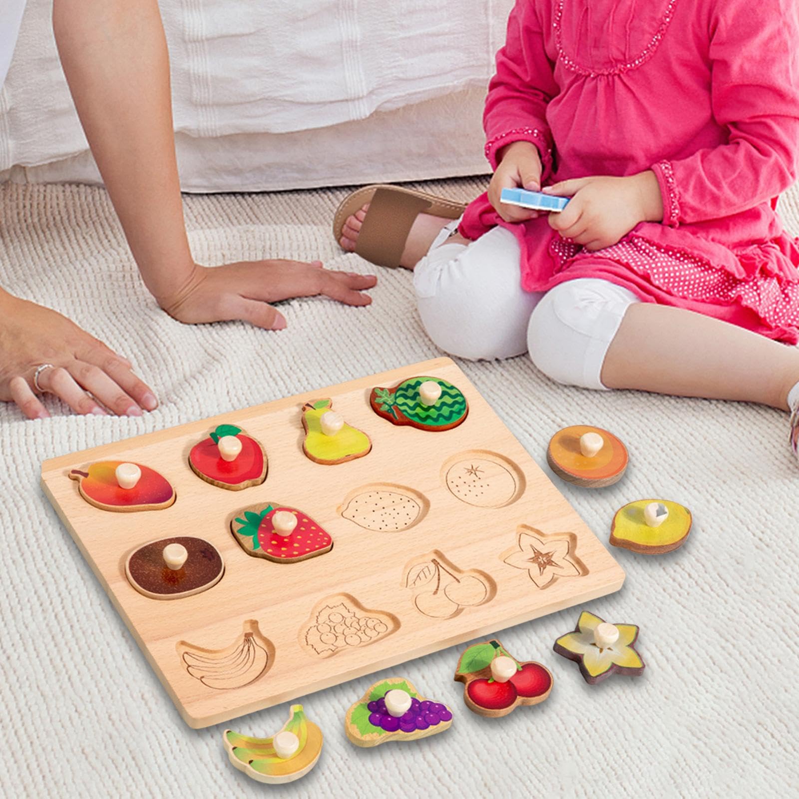 Steckpuzzle Aus Holz, Formensortierbrett, Frühkindliches Lernen, Hand Augen Koordination, Spielzeug für Babys Und Kinder Ab 3 Jahren, Obst