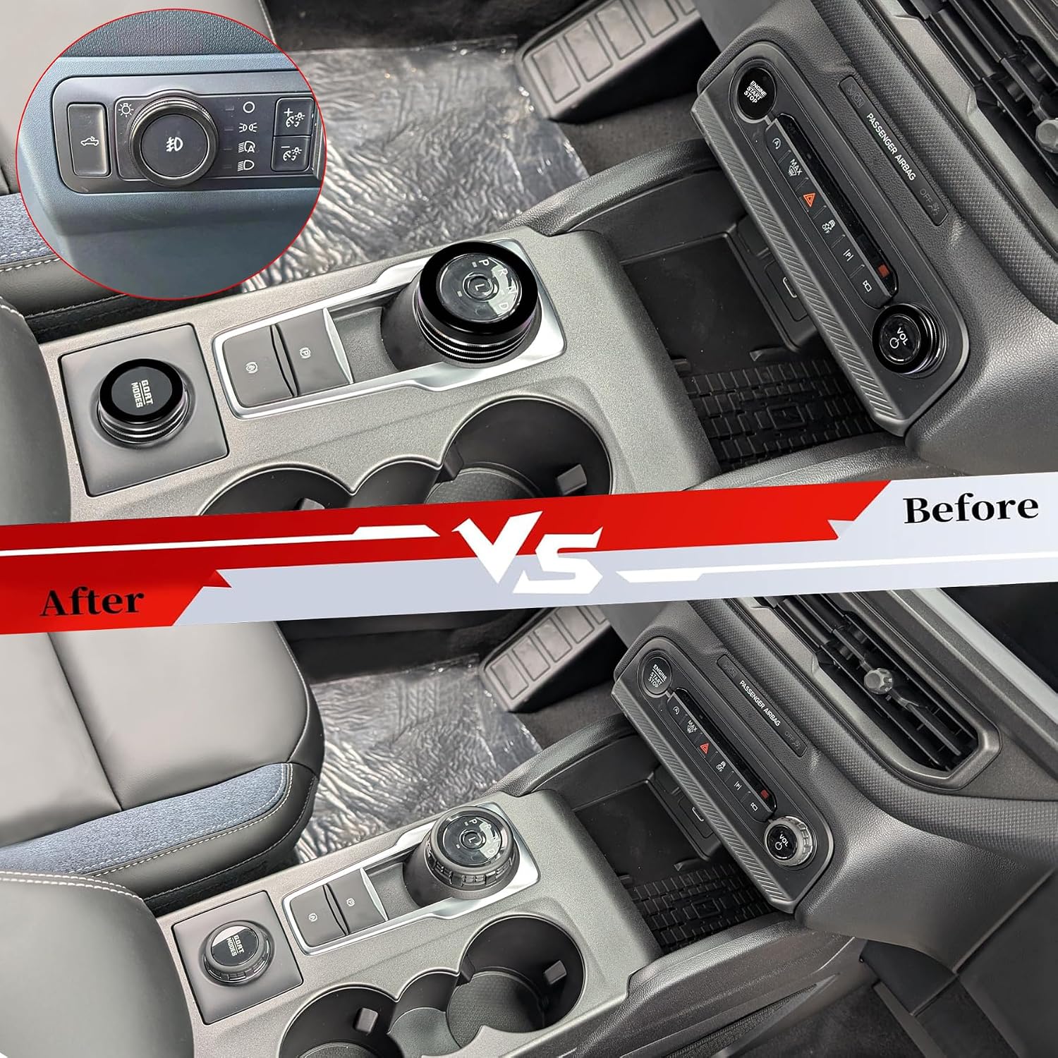 for Ford Bronco Sport 2025 2026 Up (NOT FIT Bronco) Interior Accessories Central Console Switch Button Cover Headlight Volume 4WD Gear Shift Air Vent Knob Cover Decor Alloy 9Pcs (Black)