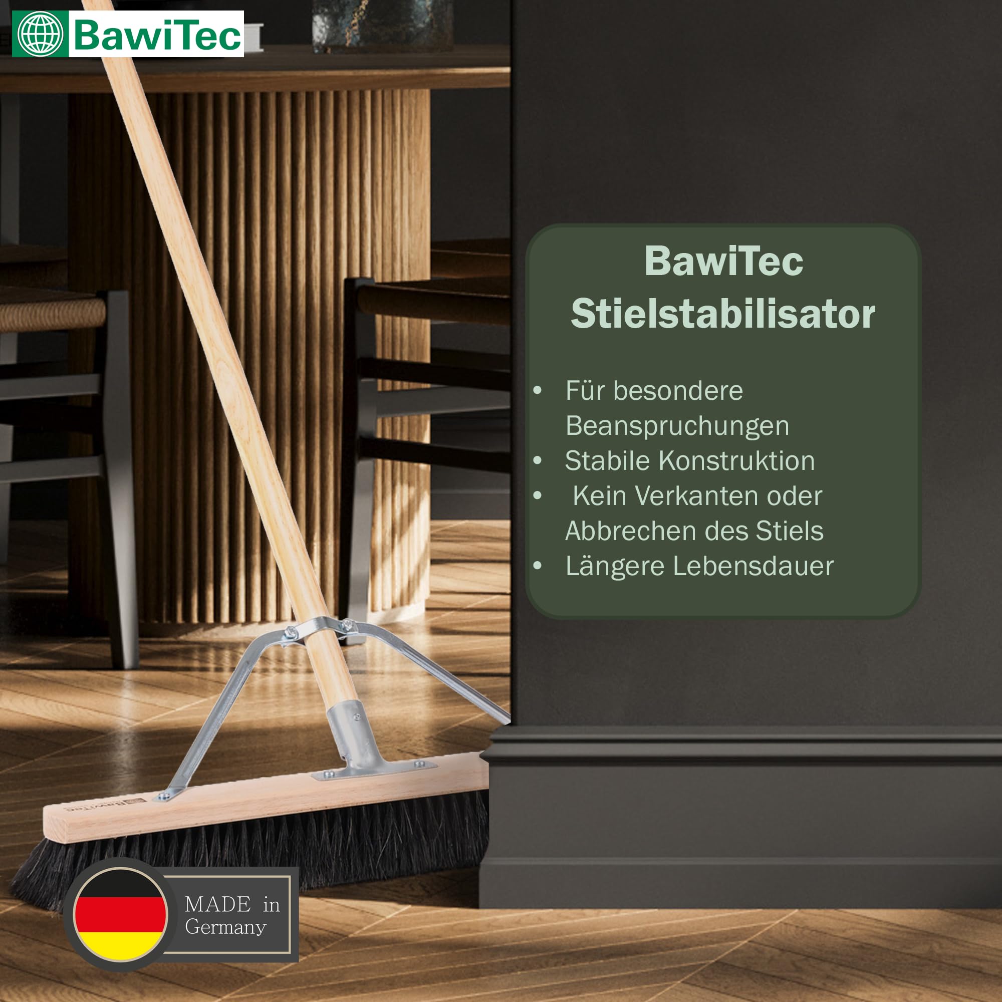 Rosshaar Saalbesen Besen 100cm mit Stiel 160cm und Stabi weiche Borsten | Spezieller Stielstabilisator/Zusatzhalterung, Besenstiel Ø28mm, Sehr weiche Naturhaar-Rosshaar-Borsten