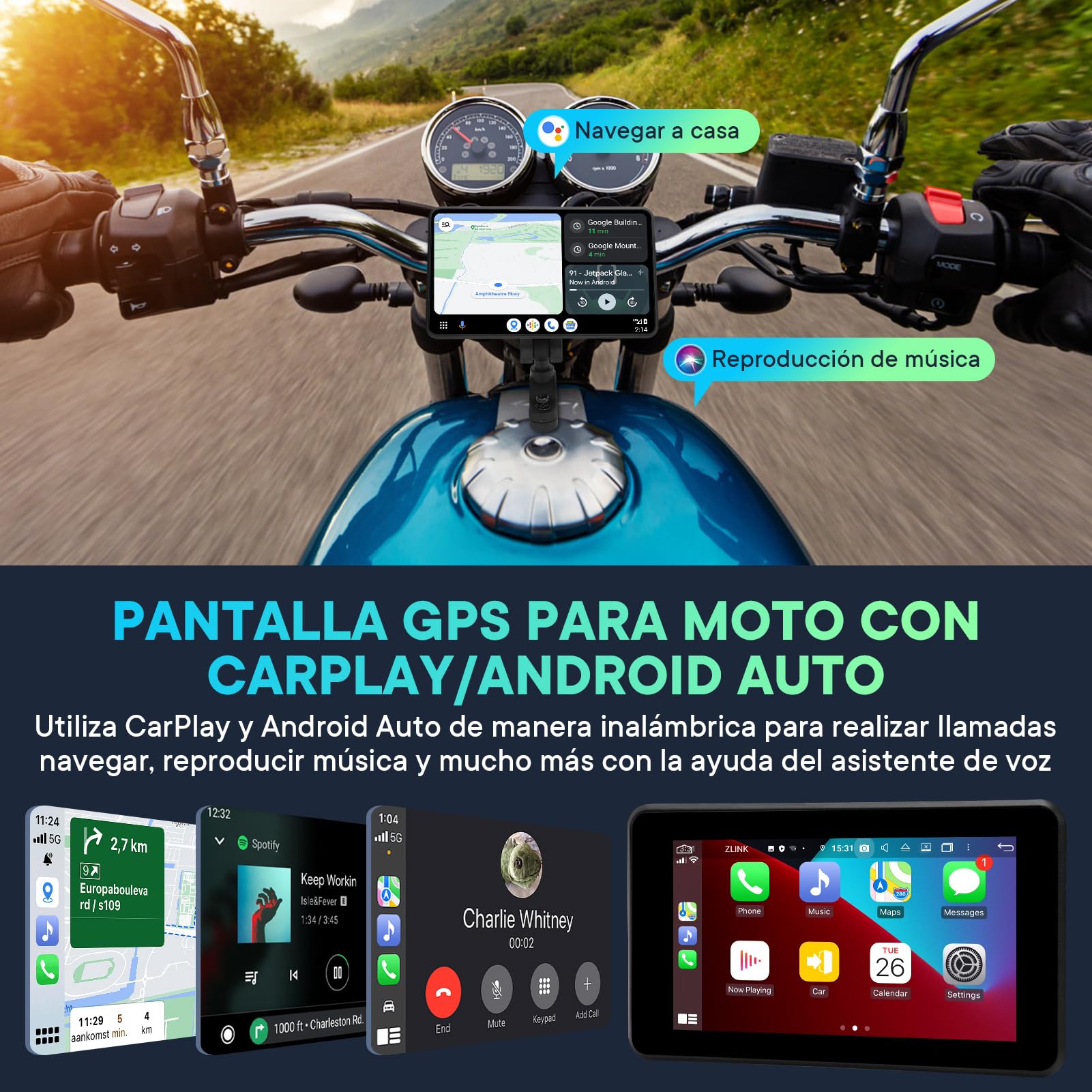 Pantalla Carplay Moto 5'' Impermeable IPX8, Navegador GPS con Carplay y Android Auto, Bluetooth 5.0, Cámara Frontal y Trasera 1080P para Moto