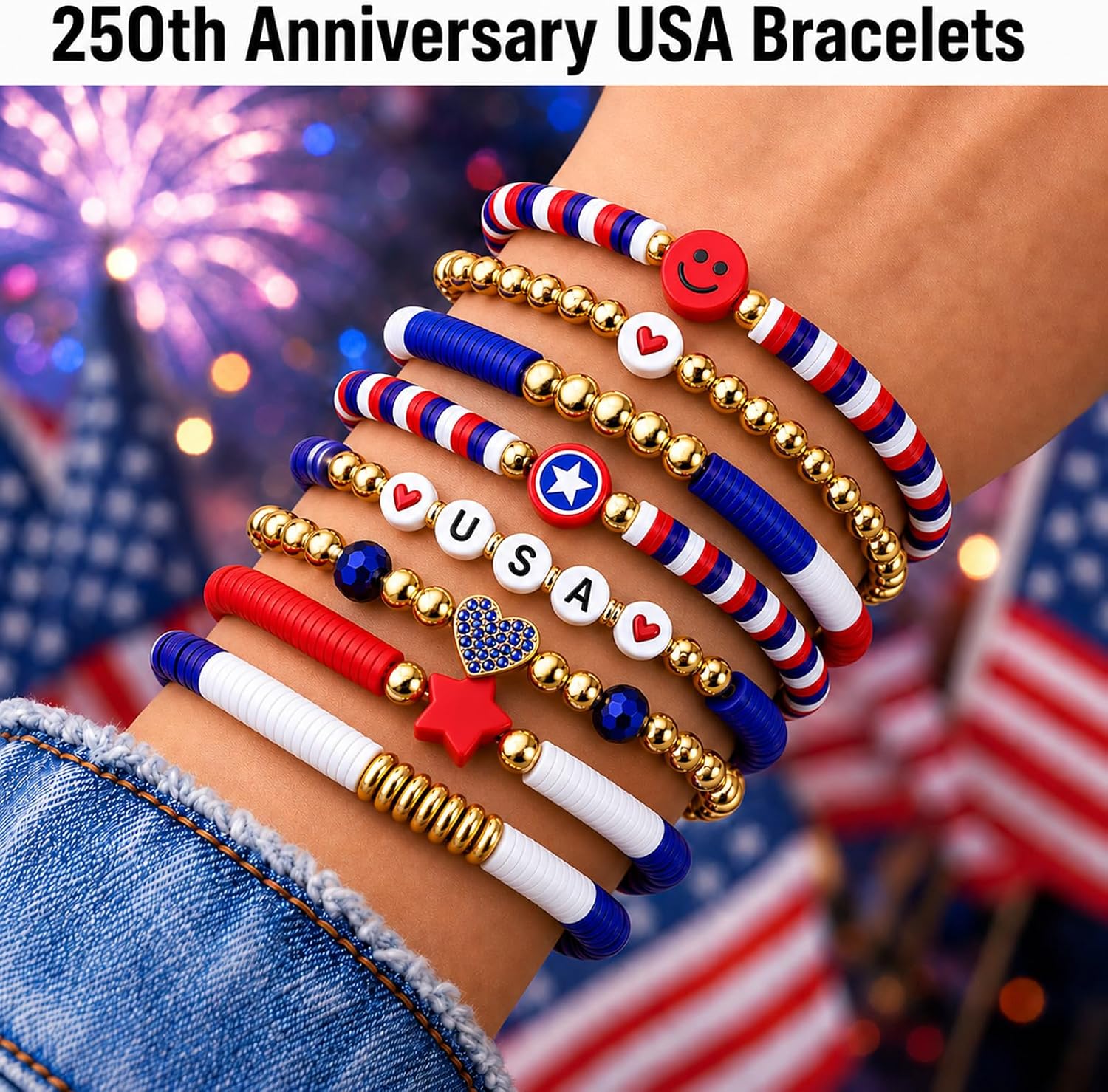 Go Ho 4th of July Outfits for Women: 8 Pack Patriotic Red White and Blue Beaded Stackable Stretch Bracelets Set with USA Letter,Star & Smile Charms,Fourth of July Decorations Accessories Shirts Outfits