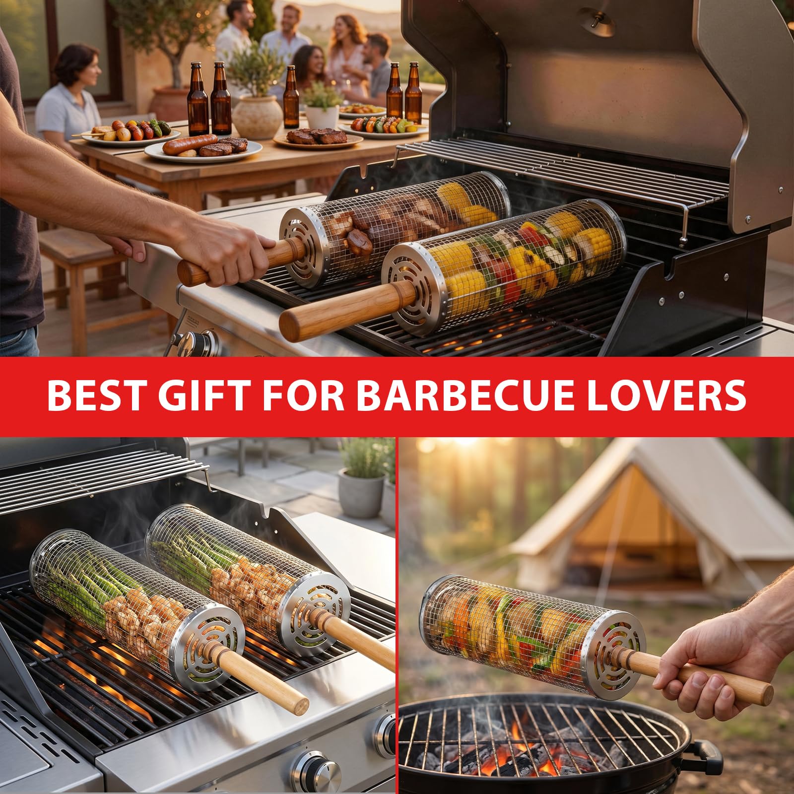 Panier à Barbecue Roulant, Paquet de 2 Paniers à Grillades Enroulable avec Poignée Détachable et Brosse Panier Grille Barbecue Emboîtables pour Légumes, Viande, Poisson Cadeau Hommes