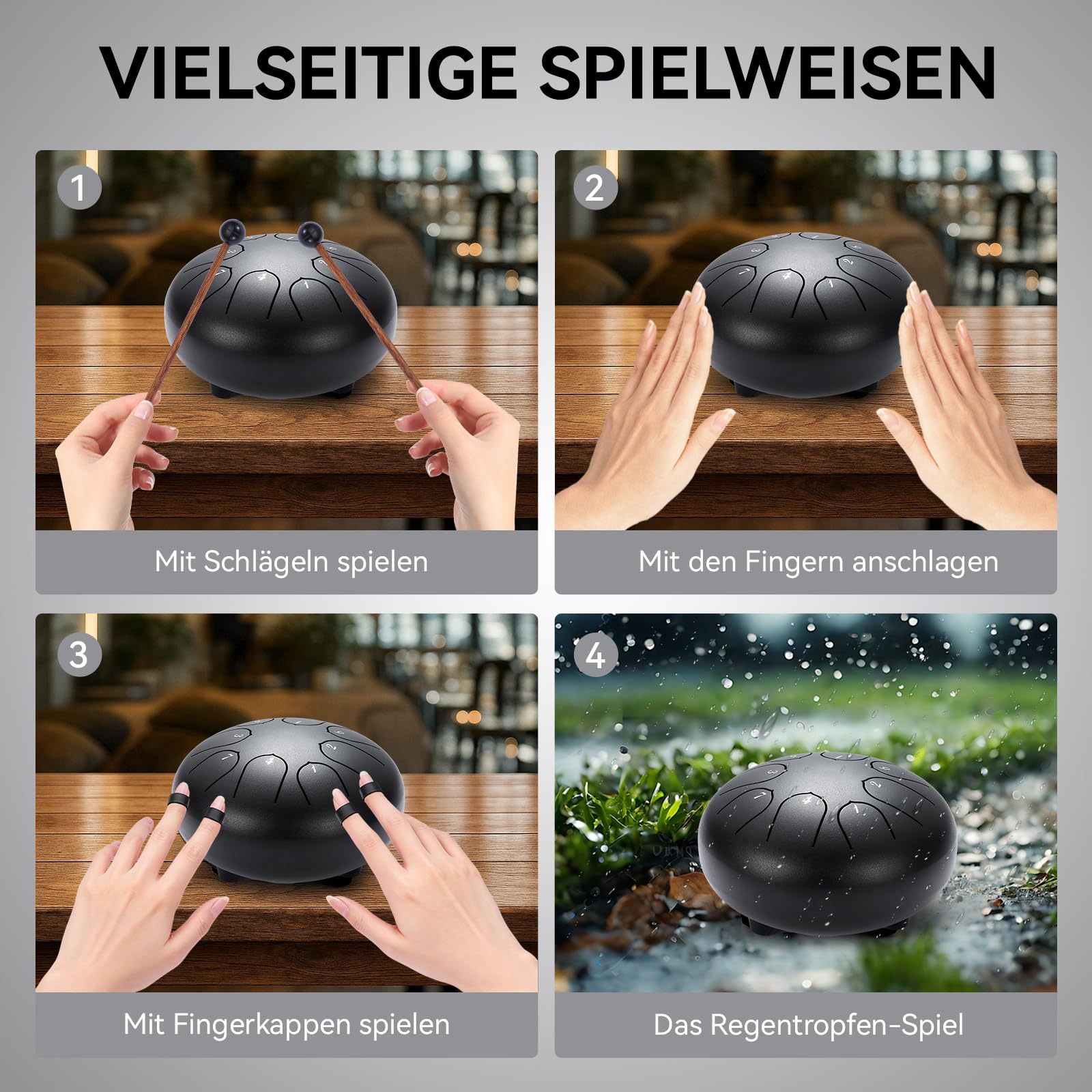 Zungentrommel 6 Zoll 8 Tone | Steel Tongue Drum | Handpan für Meditation & Entspannung, Yoga, Familienaktivitäten | Garden Regen Trommel Instrument(Schwarz)