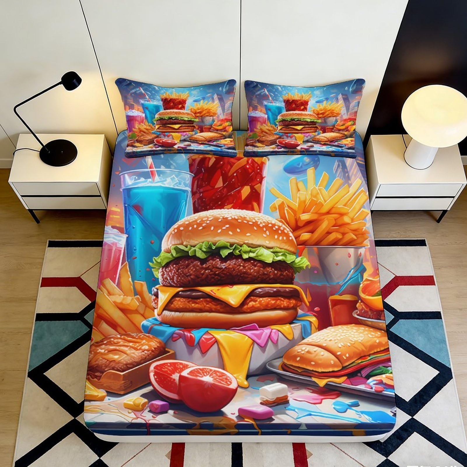 Jqzkxnhpbr Style-8 3D Printed Burger Fries Fitted Sheet Microfiber Decor Drink Mattress Cover For Bedroom Guest Room Dorm Easy Wash 90X200x25cm
