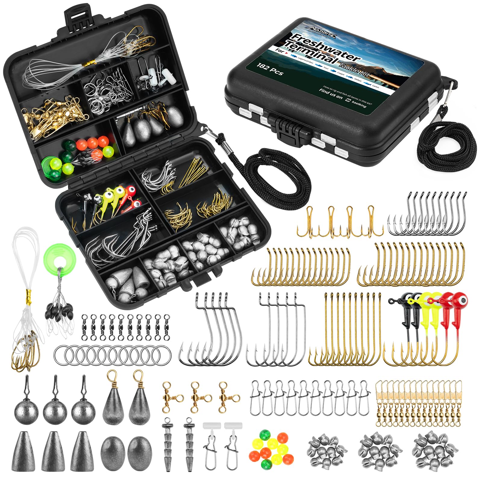 MadBite by KastKing 182/265/400pcs Compact Fishing Tackle Kit - All-in-One Freshwater Hooks, Weights, Bobbers in Tackle Box, Fishing Gear Set for Bass Trout Panfish