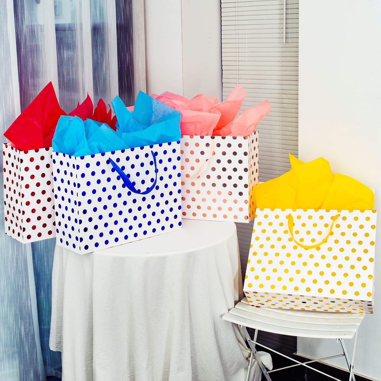 Plauthus 15.7" Extra Large Gift Bags for Presents with Tissue Paper for Birthday Party and Baby Shower (4 Pack, Gold, Rose Gold, Blue, Red metallic dots) - Image 2